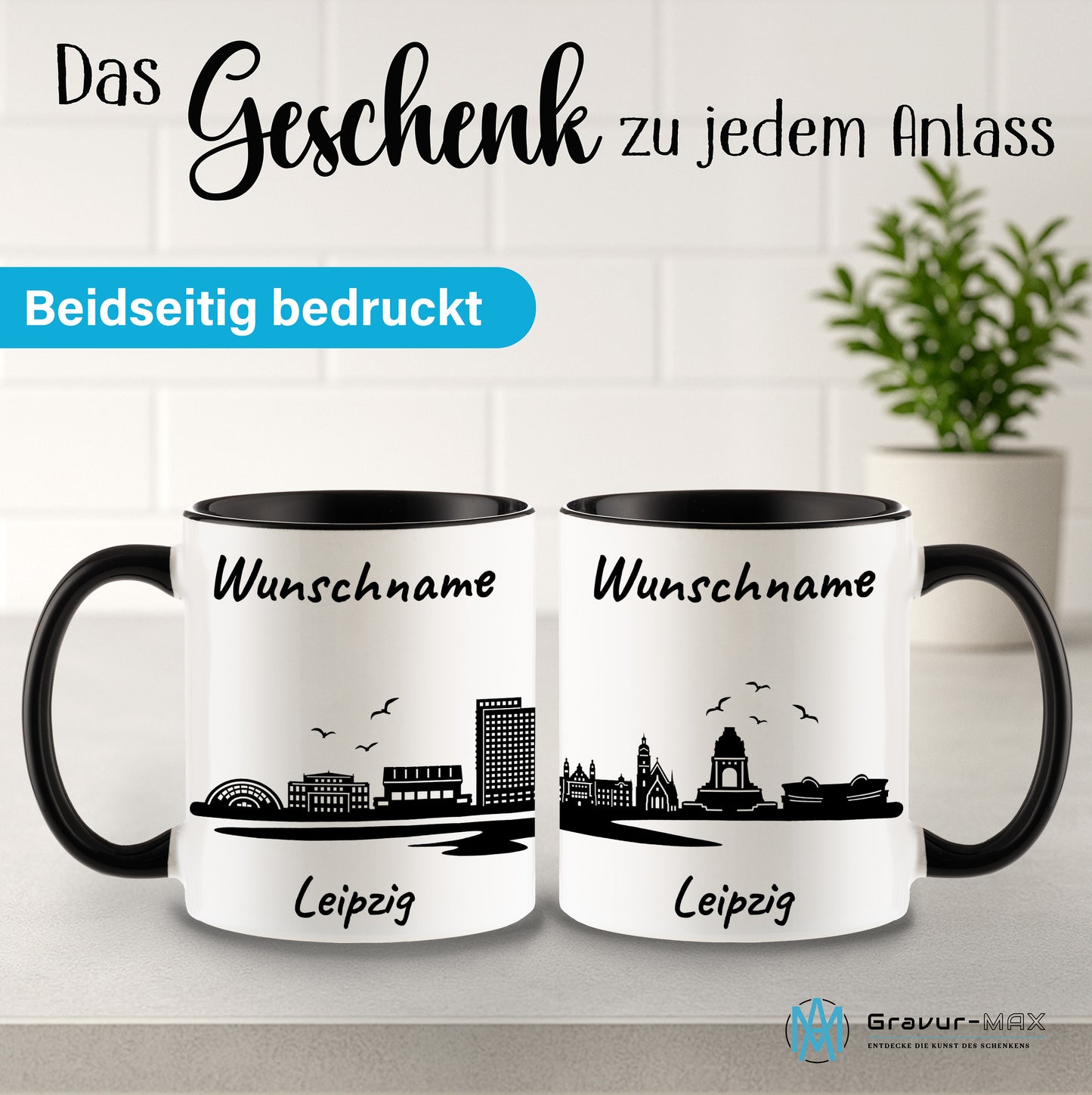 Tasse in Schwarz 330ml bedruckt mit der Skyline von Leipzig personalisierbar mit Wunschname