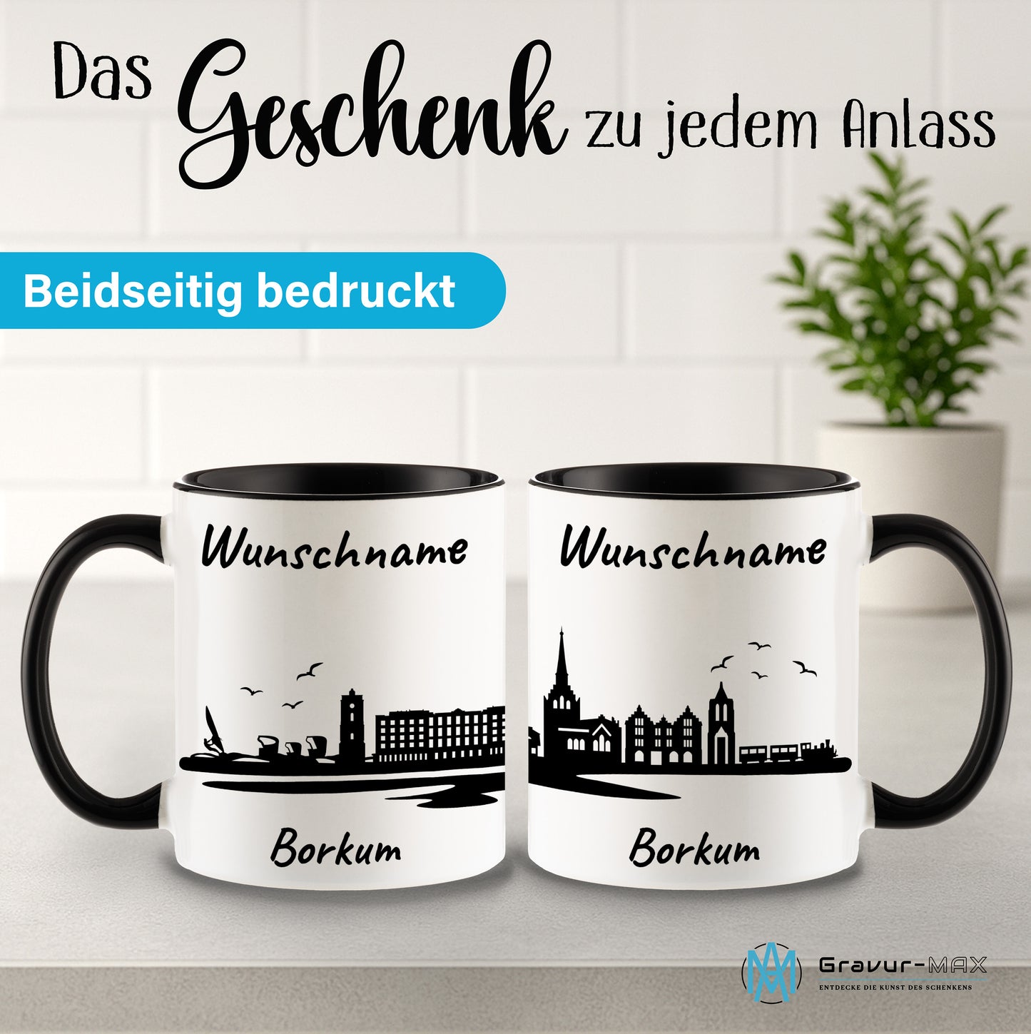 Tasse in Schwarz 330ml bedruckt mit der Skyline von Borkum personalisierbar mit Wunschname