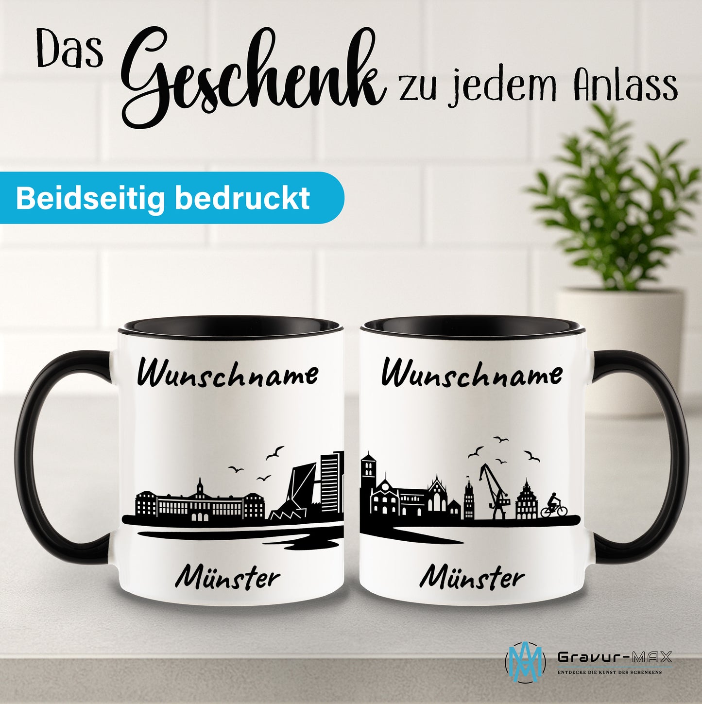 Tasse in Schwarz 330ml bedruckt mit der Skyline von Münster personalisierbar mit Wunschname