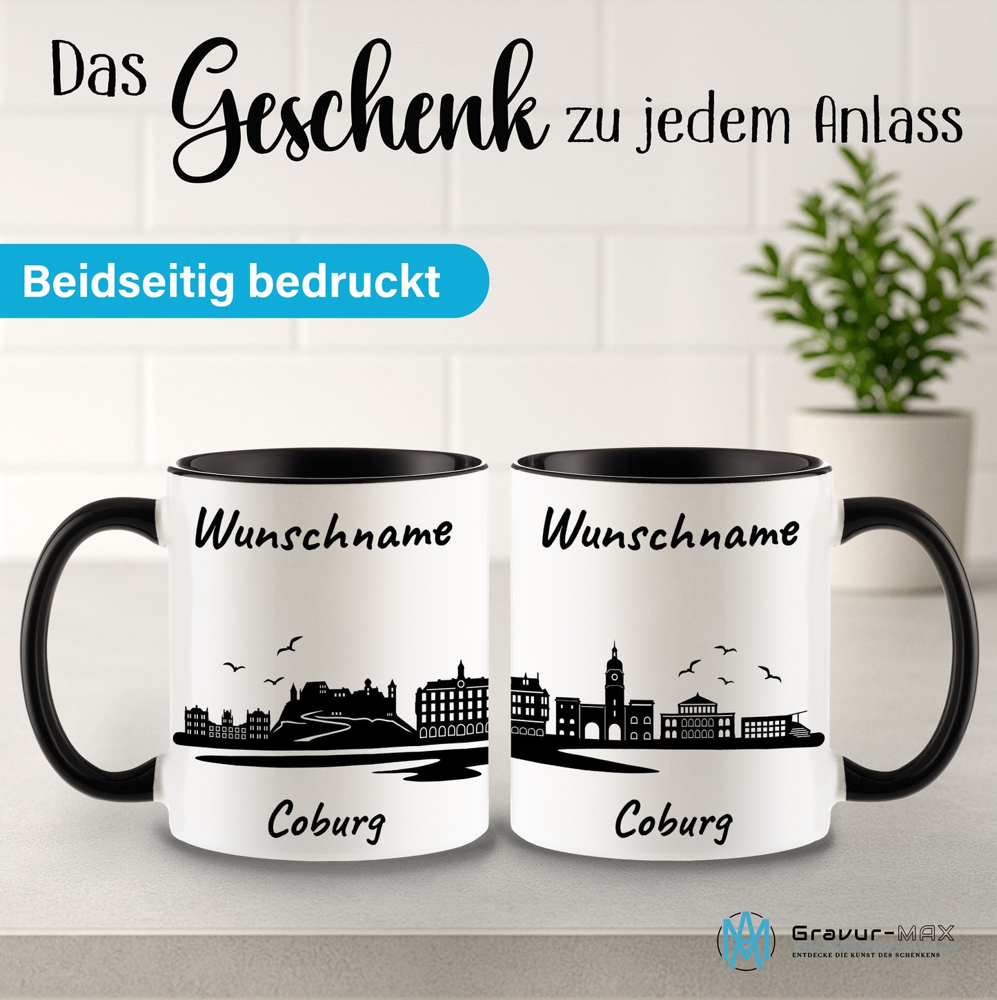 Tasse in Schwarz 330ml bedruckt mit der Skyline von Coburg personalisierbar mit Wunschname