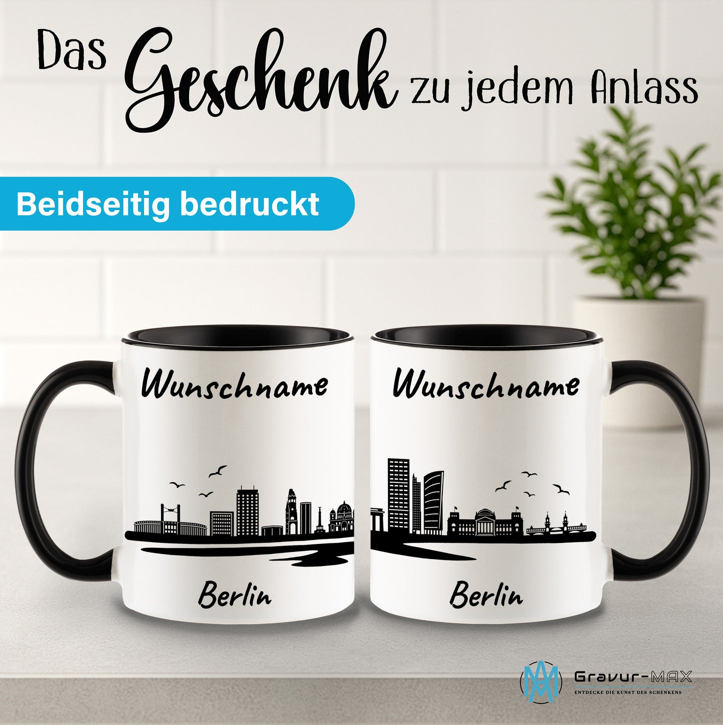 Tasse in Schwarz 330ml bedruckt mit der Skyline von Berlin personalisierbar mit Wunschname