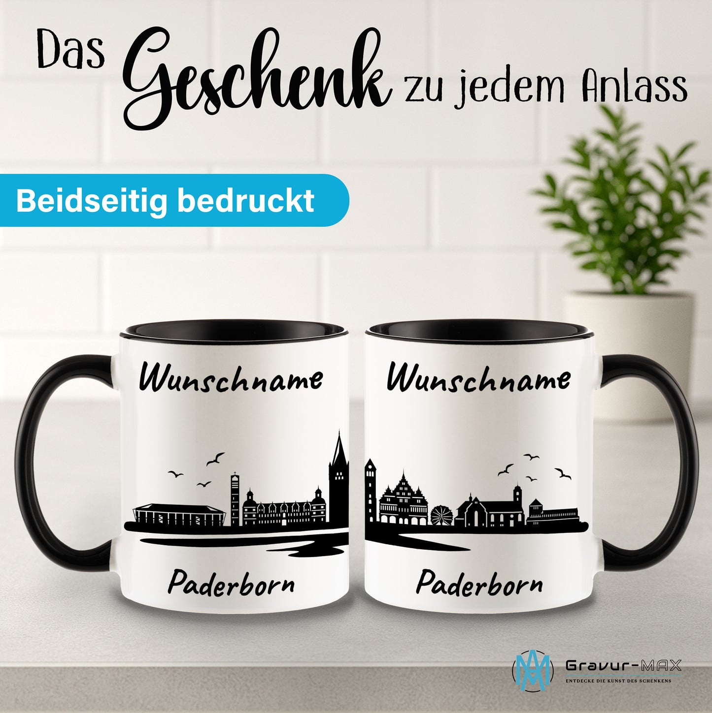 Tasse in Schwarz 330ml bedruckt mit der Skyline von Paderborn personalisierbar mit Wunschname