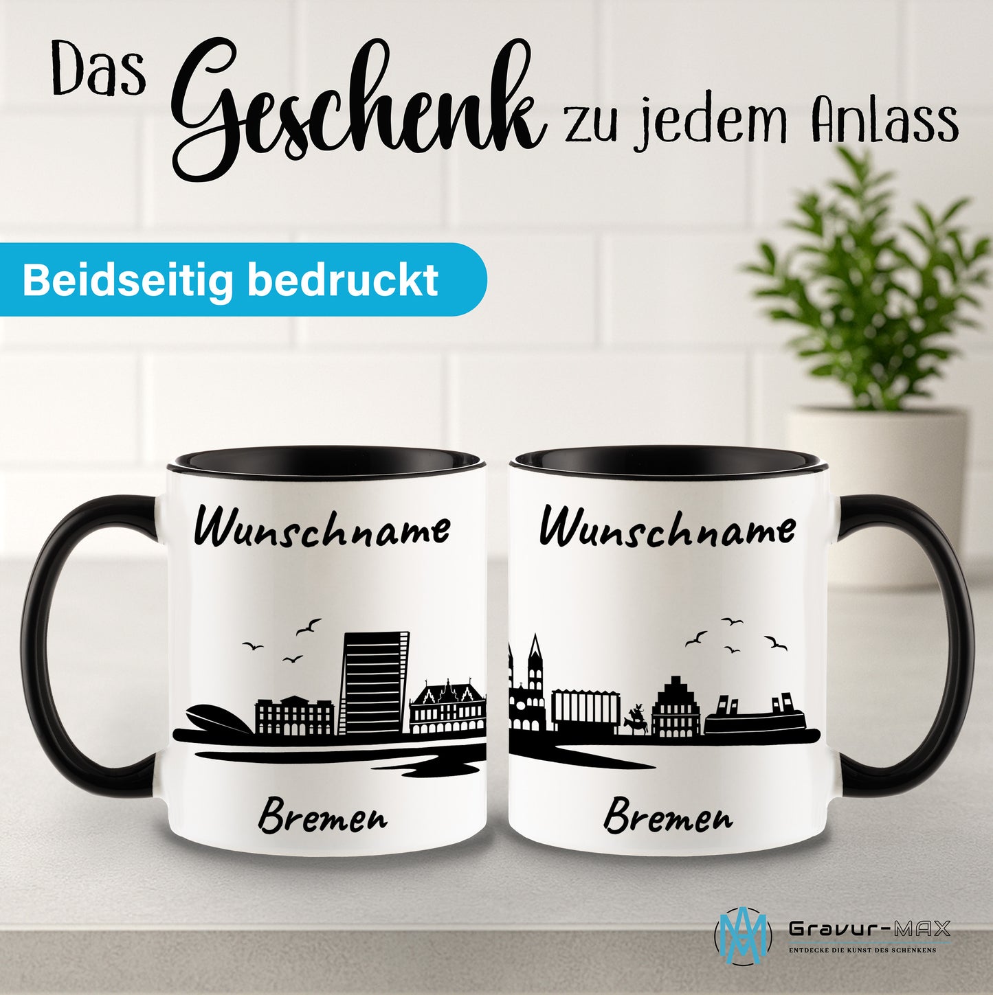 Tasse in Schwarz 330ml bedruckt mit der Skyline von Bremen personalisierbar mit Wunschname