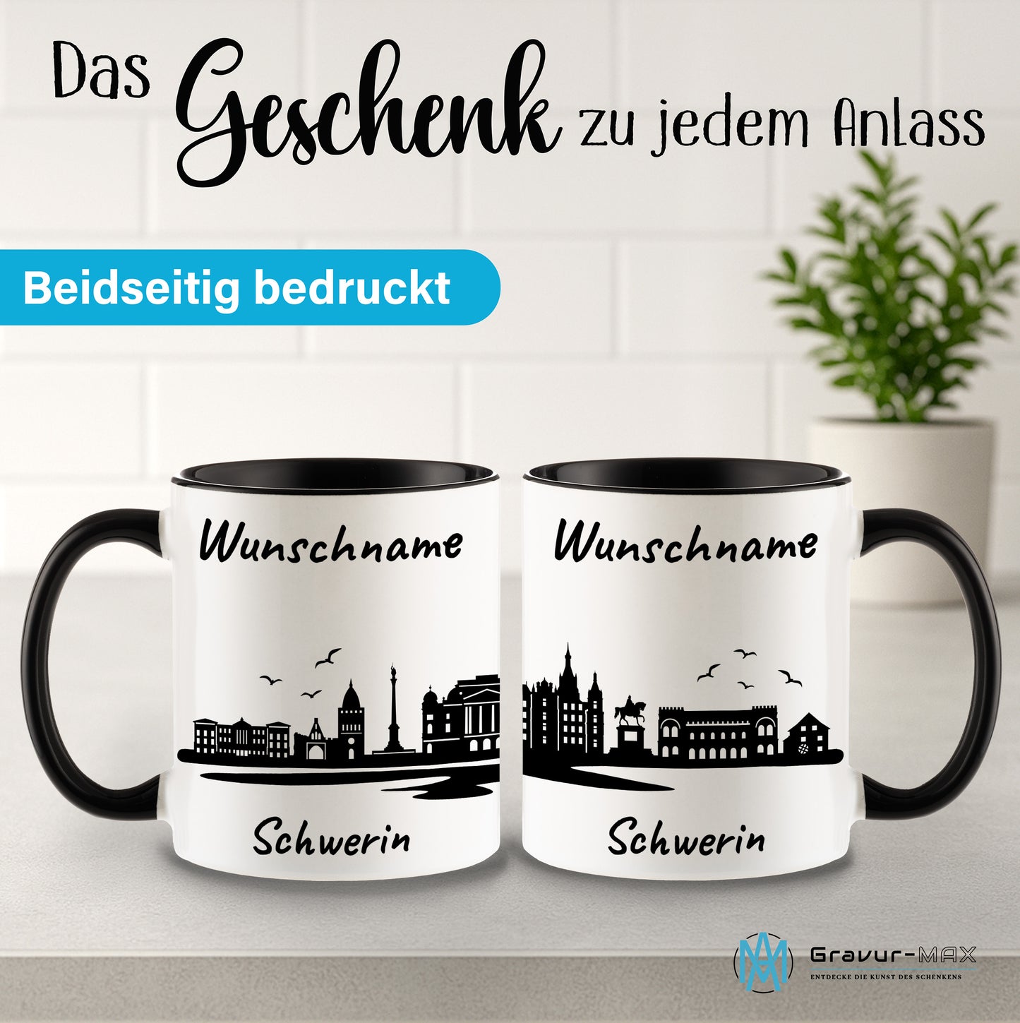 Tasse in Schwarz 330ml bedruckt mit der Skyline von Schwerin personalisierbar mit Wunschname