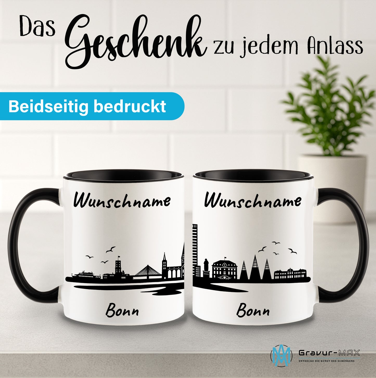 Tasse in Schwarz 330ml bedruckt mit der Skyline von Bonn personalisierbar mit Wunschname