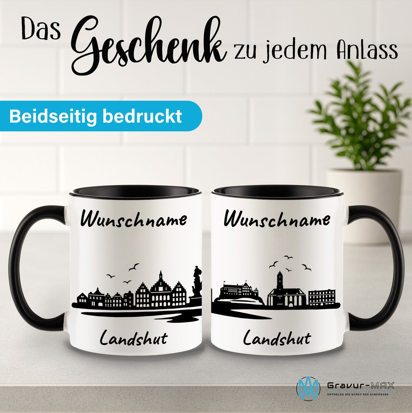 Tasse in Schwarz 330ml bedruckt mit der Skyline von Landshut personalisierbar mit Wunschname