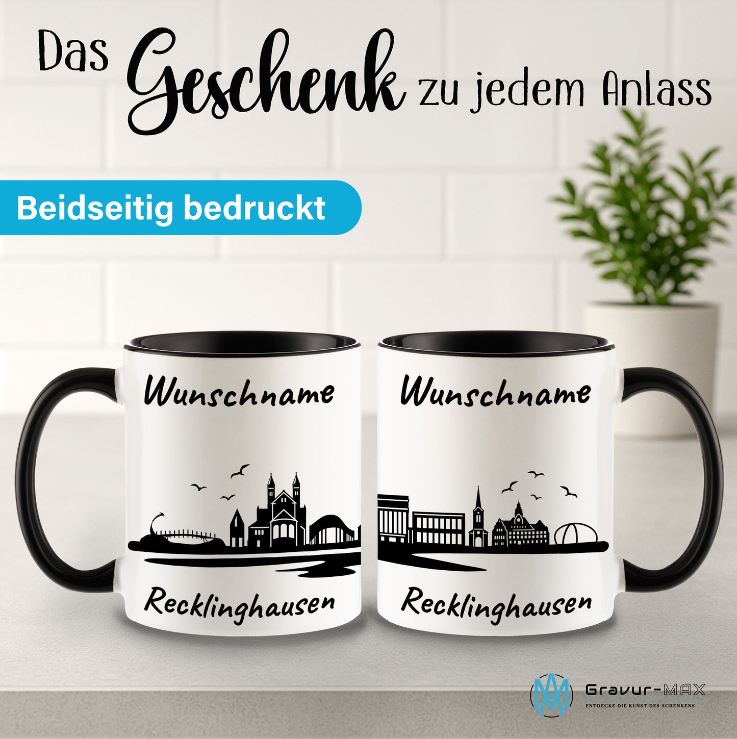 Tasse in Schwarz 330ml bedruckt mit der Skyline von Recklinghausen personalisierbar mit Wunschname