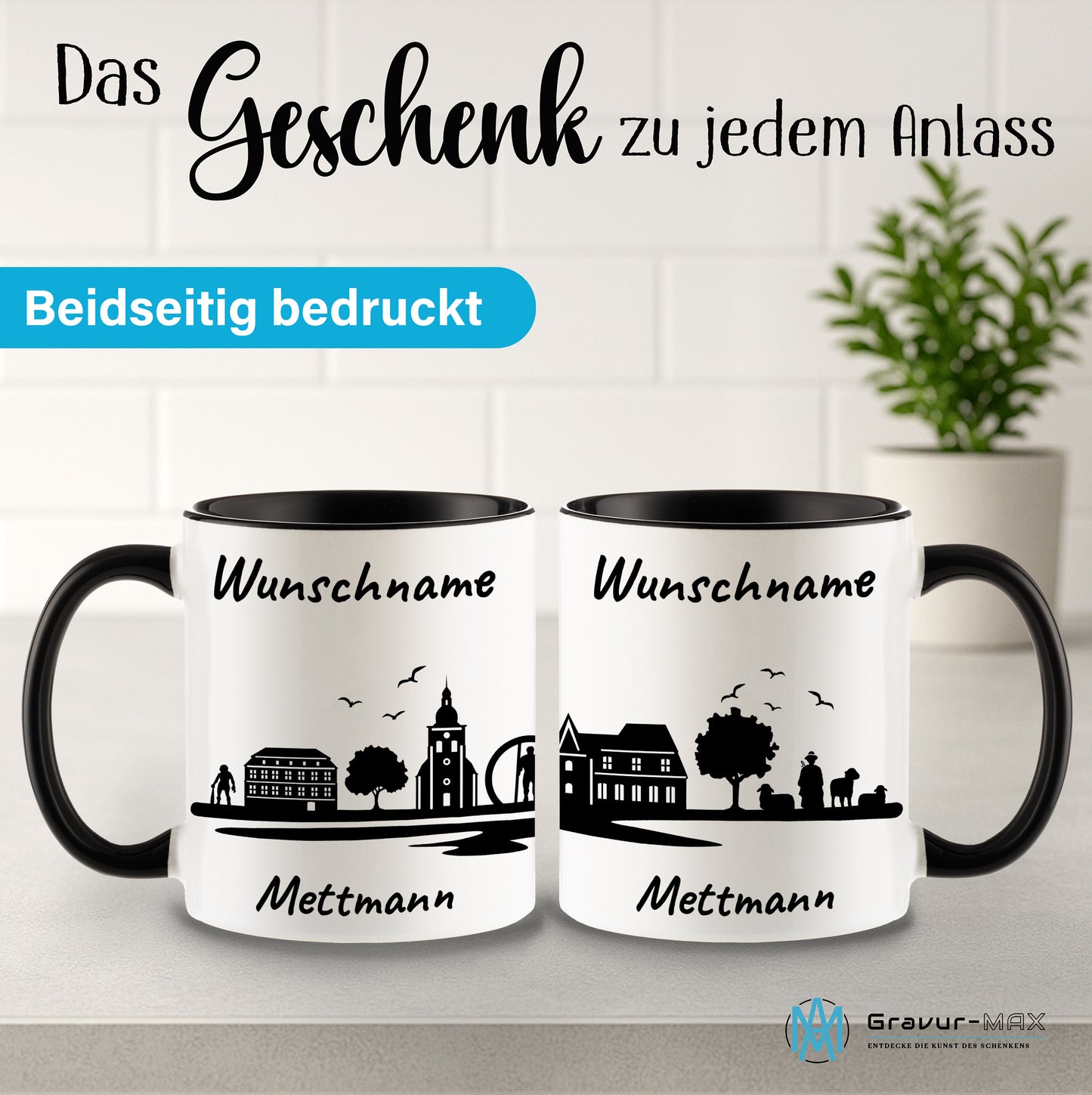 Tasse in Schwarz 330ml bedruckt mit der Skyline von Mettmann personalisierbar mit Wunschname