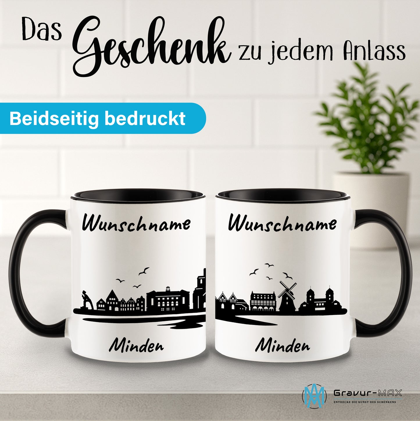 Tasse in Schwarz 330ml bedruckt mit der Skyline von Minden personalisierbar mit Wunschname