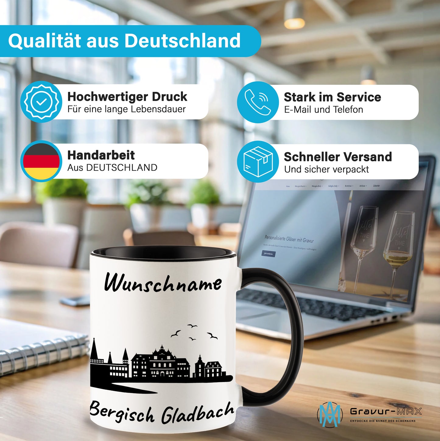 Tasse in Schwarz 330ml bedruckt mit der Skyline von Bergisch Gladbach personalisierbar mit Wunschname