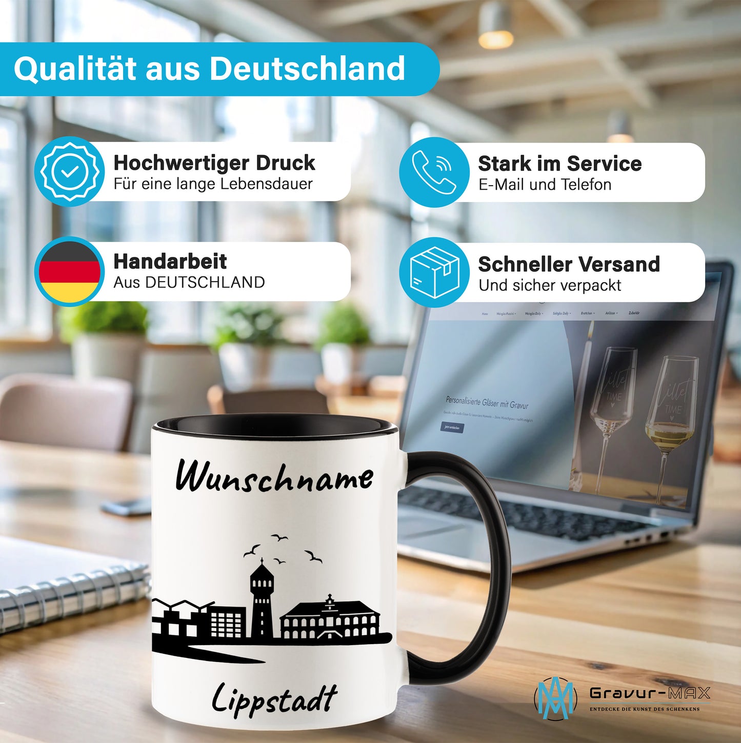 Tasse in Schwarz 330ml bedruckt mit der Skyline von Lippstadt personalisierbar mit Wunschname