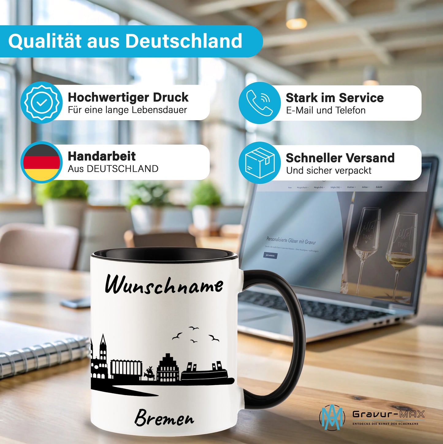 Tasse in Schwarz 330ml bedruckt mit der Skyline von Bremen personalisierbar mit Wunschname