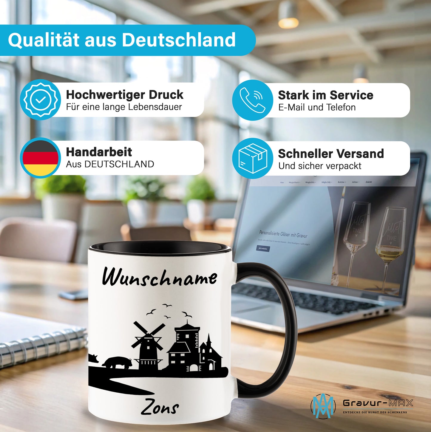 Tasse in Schwarz 330ml bedruckt mit der Skyline von Zons (Dormagen) personalisierbar mit Wunschname
