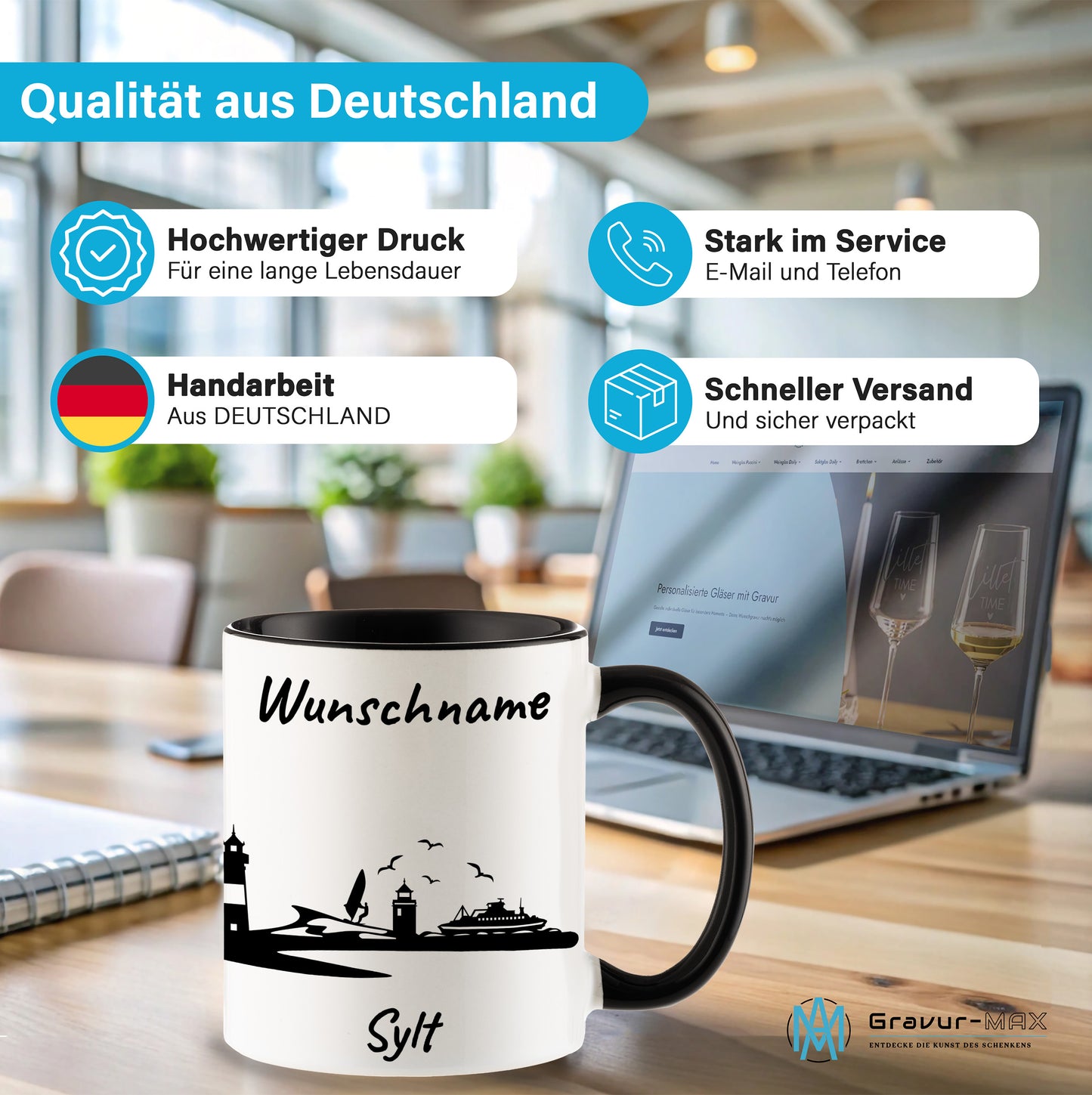 Tasse in Schwarz 330ml bedruckt mit der Skyline von Sylt personalisierbar mit Wunschname