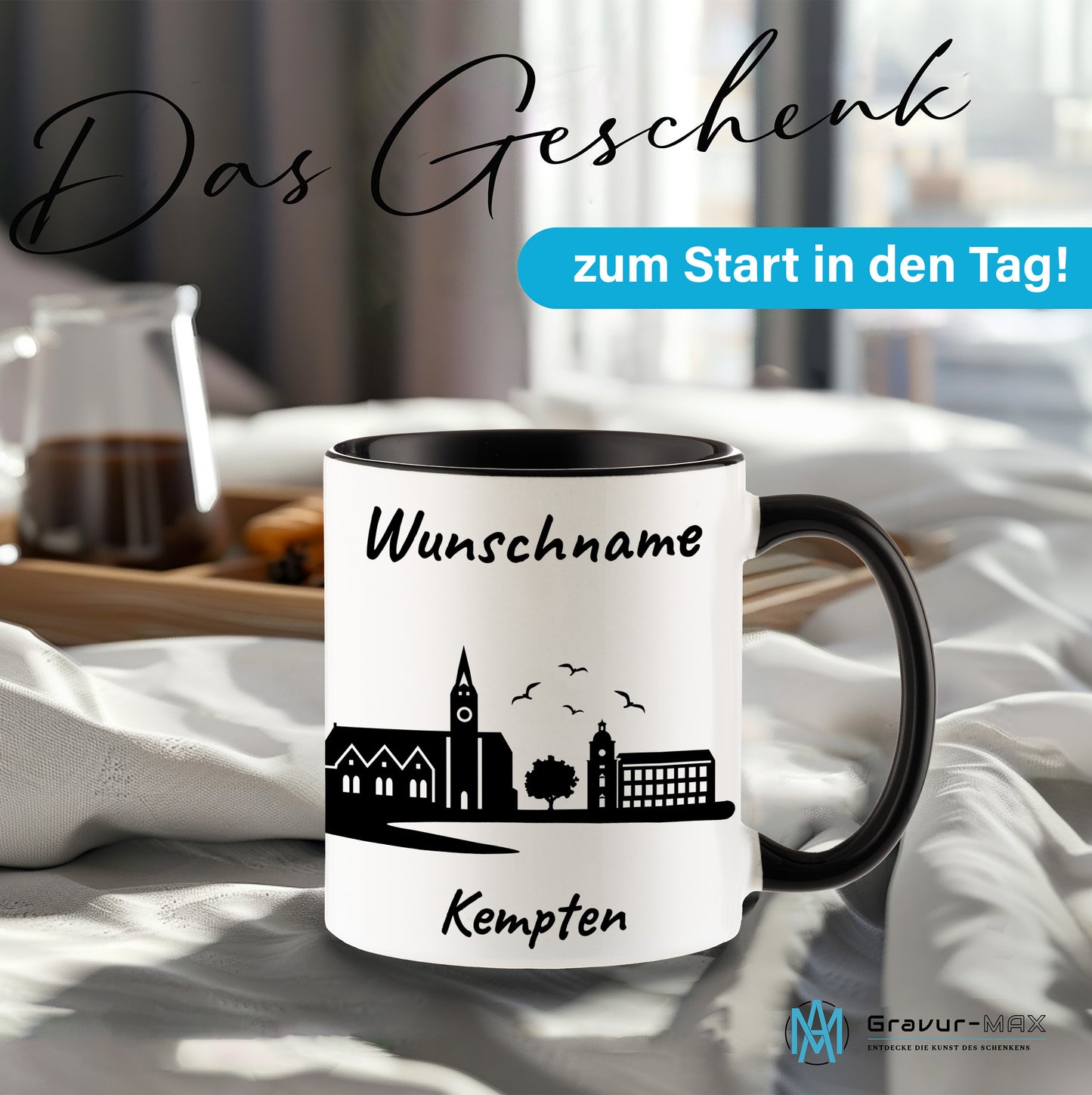 Tasse in Schwarz 330ml bedruckt mit der Skyline von Kempten personalisierbar mit Wunschname