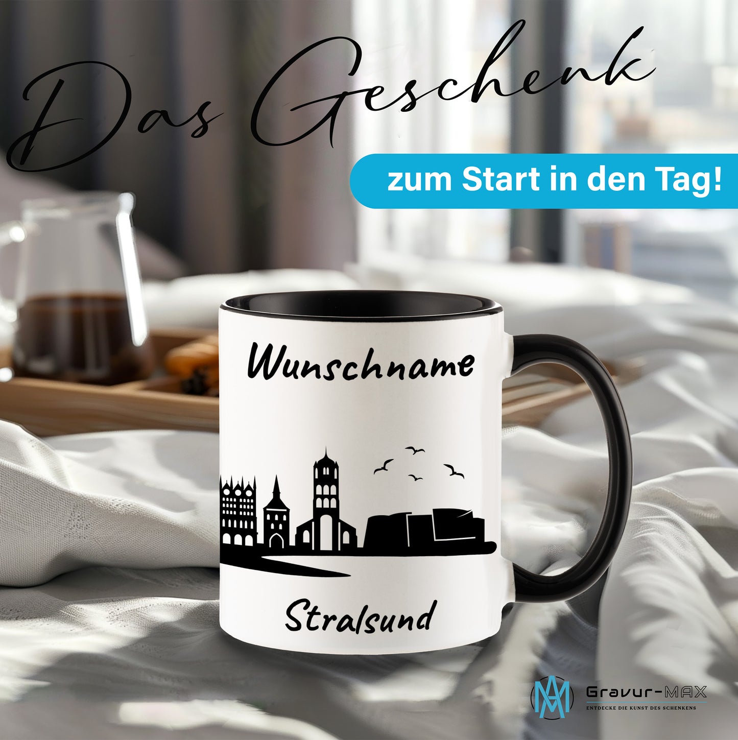 Tasse in Schwarz 330ml bedruckt mit der Skyline von Stralsund personalisierbar mit Wunschname