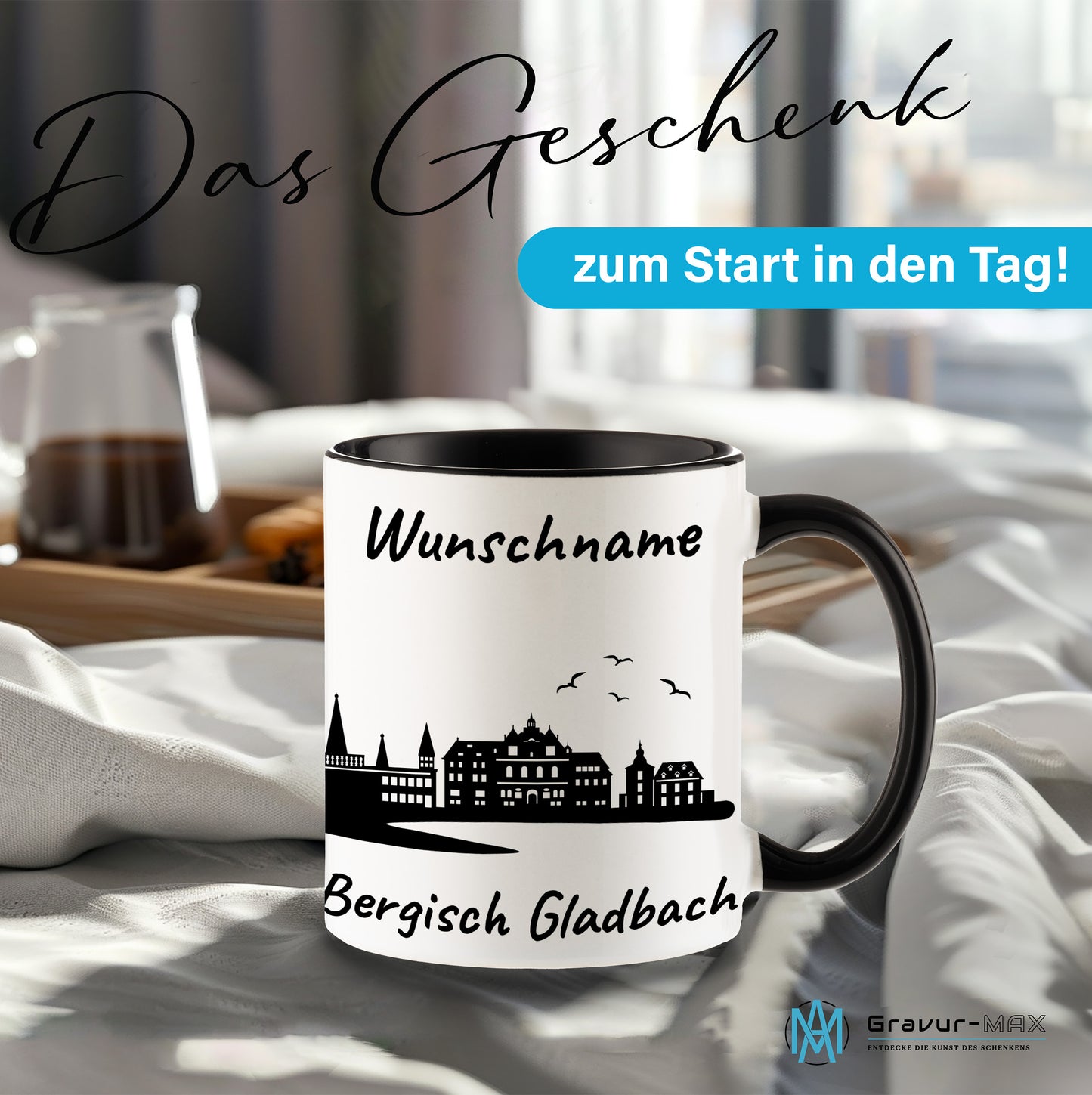 Tasse in Schwarz 330ml bedruckt mit der Skyline von Bergisch Gladbach personalisierbar mit Wunschname