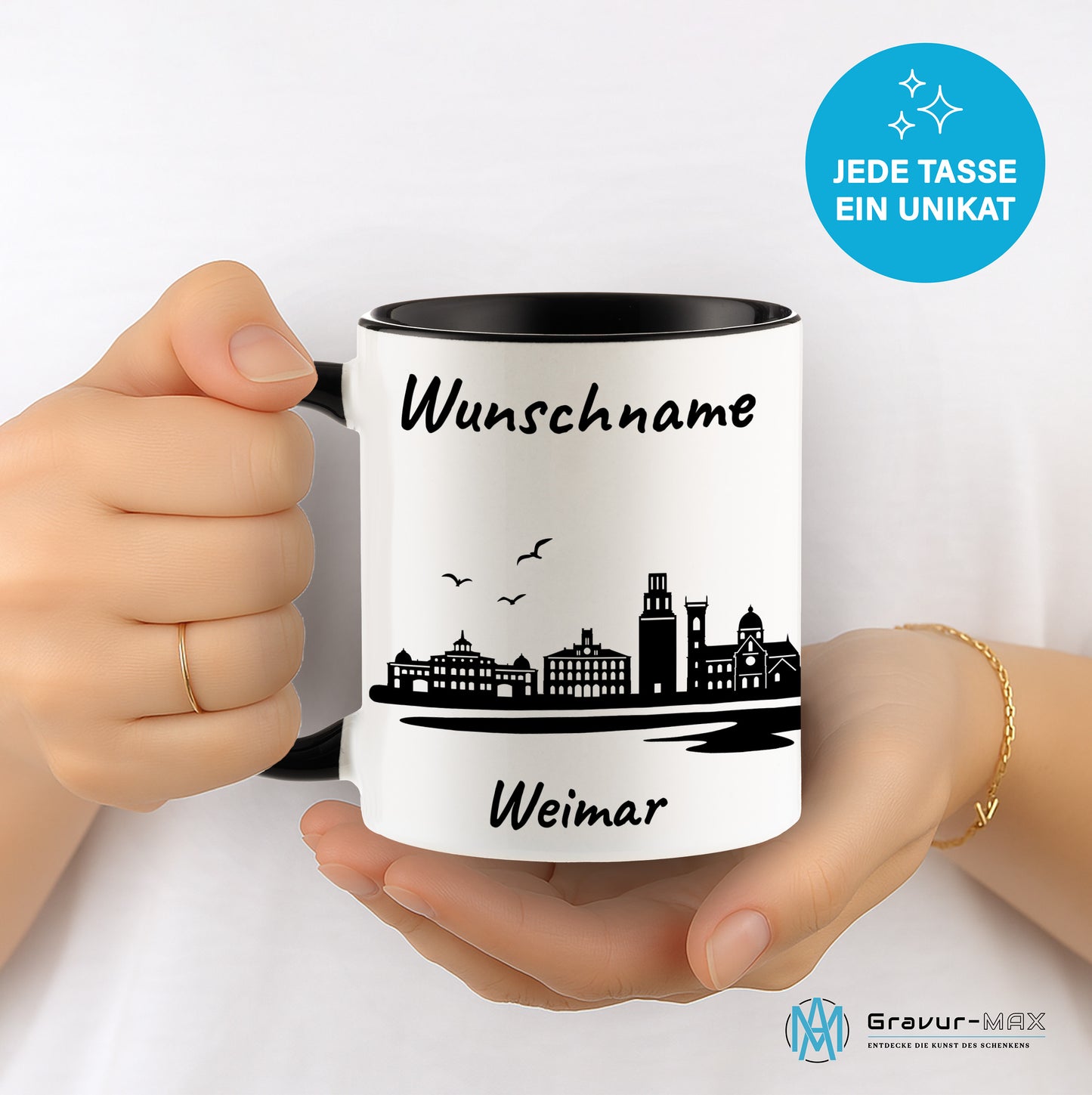 Tasse in Schwarz 330ml bedruckt mit der Skyline von Weimar personalisierbar mit Wunschname