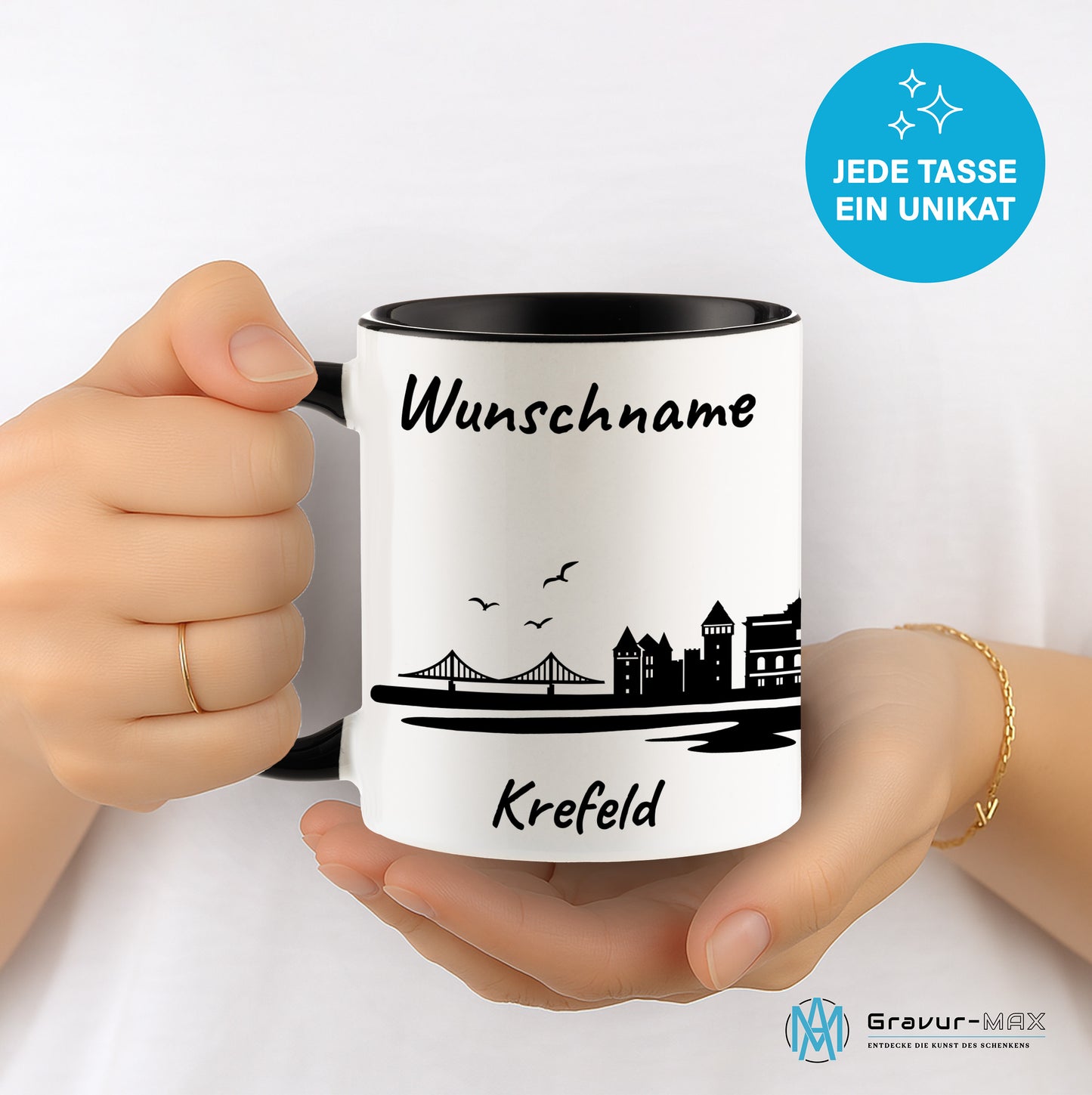 Tasse in Schwarz 330ml bedruckt mit der Skyline von Krefeld personalisierbar mit Wunschname