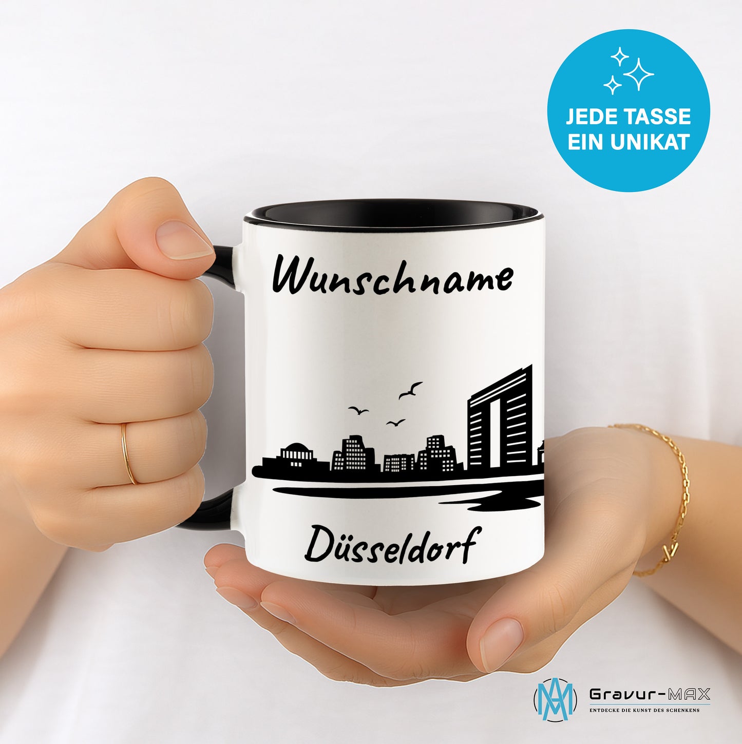 Tasse in Schwarz 330ml bedruckt mit der Skyline von Düsseldorf personalisierbar mit Wunschname