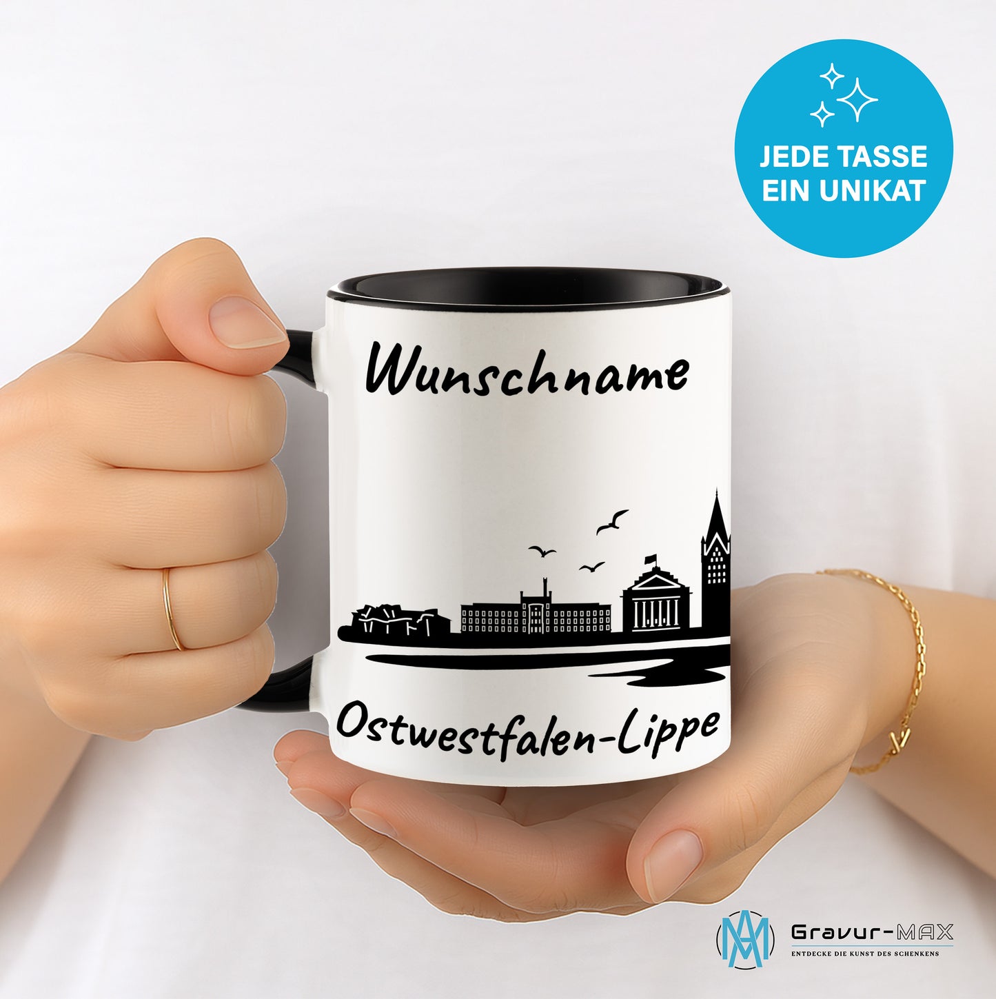 Tasse in Schwarz 330ml bedruckt mit der Skyline von Ostwestfalen-Lippe personalisierbar mit Wunschname