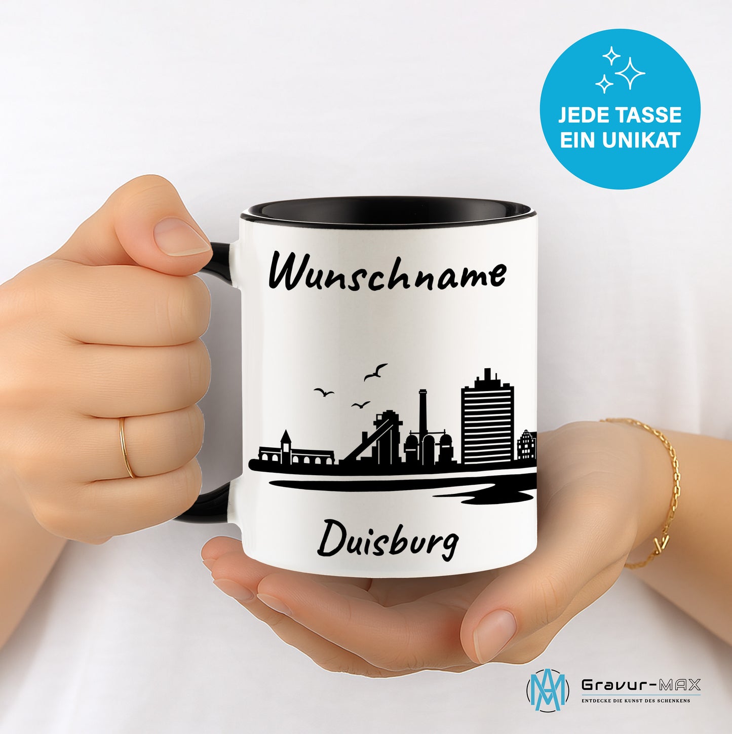 Tasse in Schwarz 330ml bedruckt mit der Skyline von Duisburg personalisierbar mit Wunschname