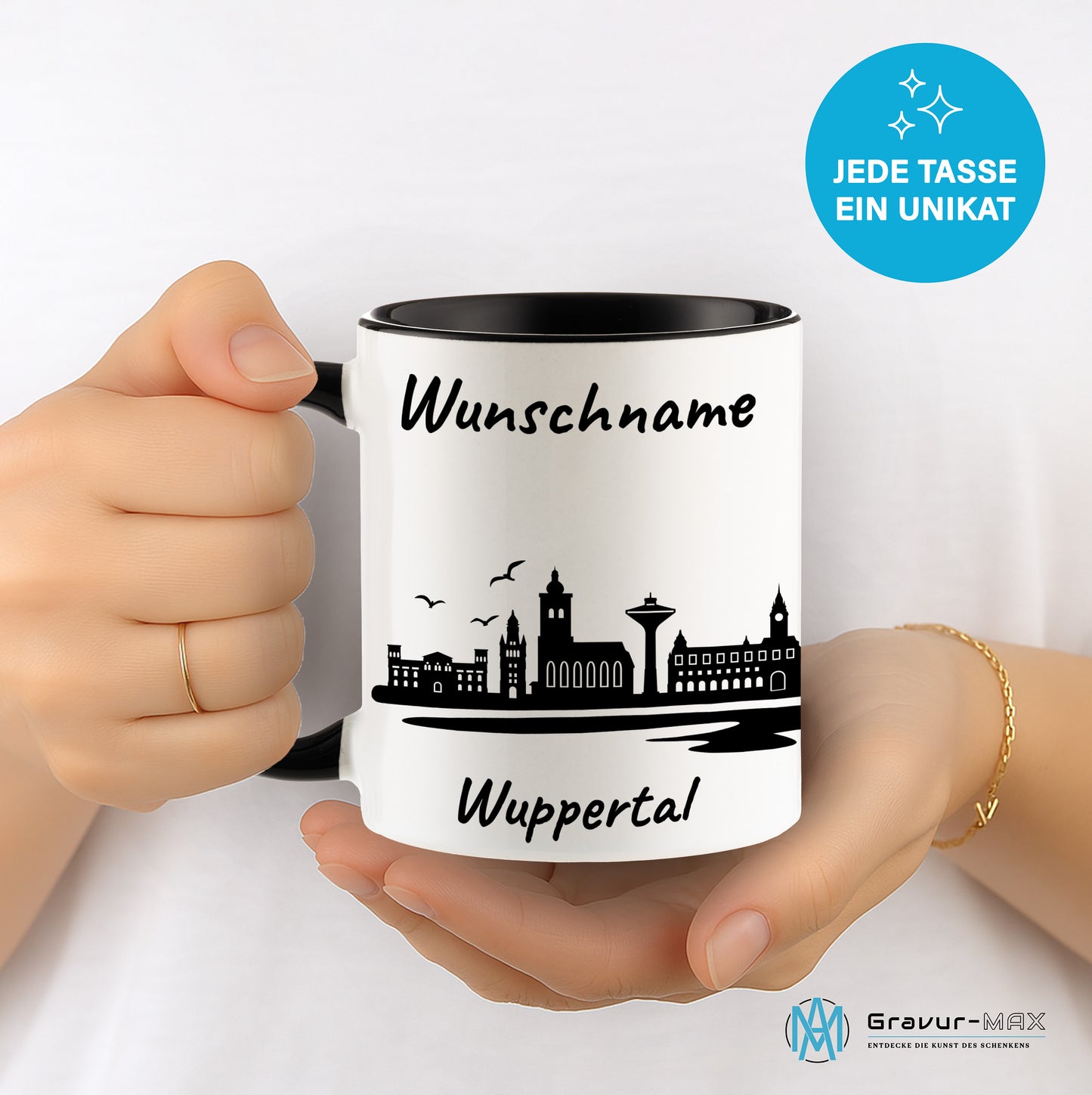 Tasse in Schwarz 330ml bedruckt mit der Skyline von Wuppertal personalisierbar mit Wunschname