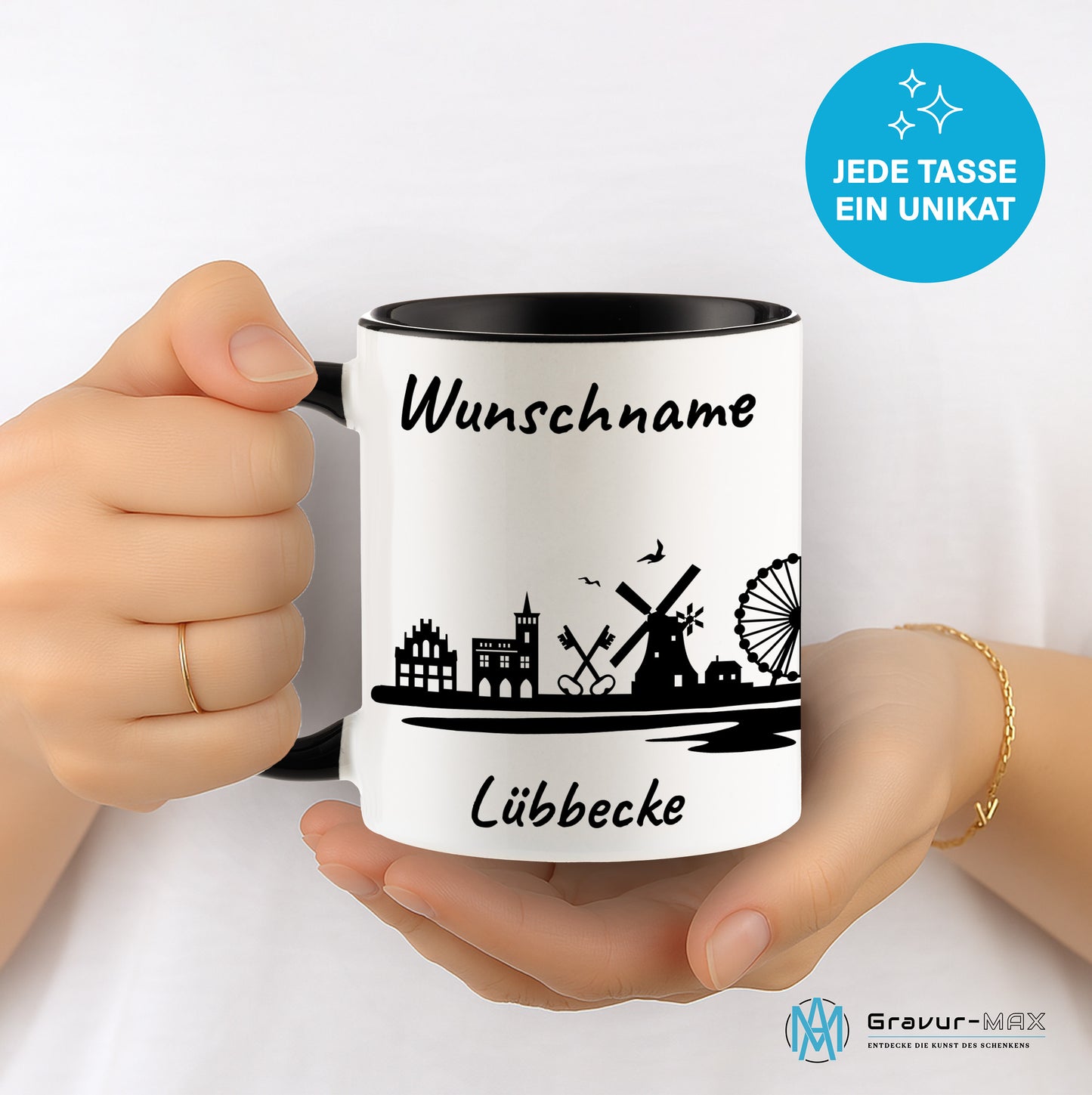 Tasse in Schwarz 330ml bedruckt mit der Skyline von Lübbecke personalisierbar mit Wunschname