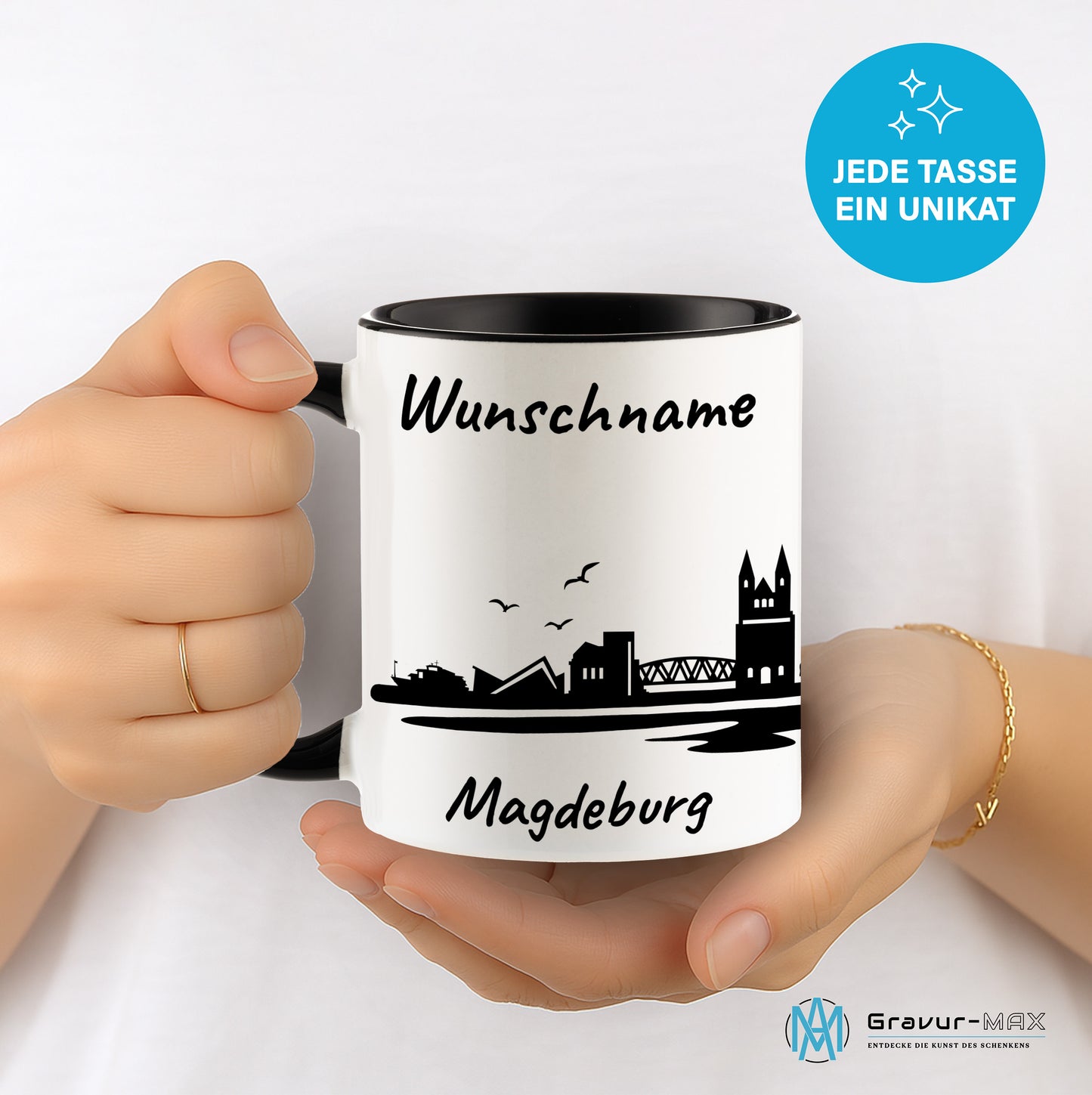 Tasse in Schwarz 330ml bedruckt mit der Skyline von Magdeburg personalisierbar mit Wunschname