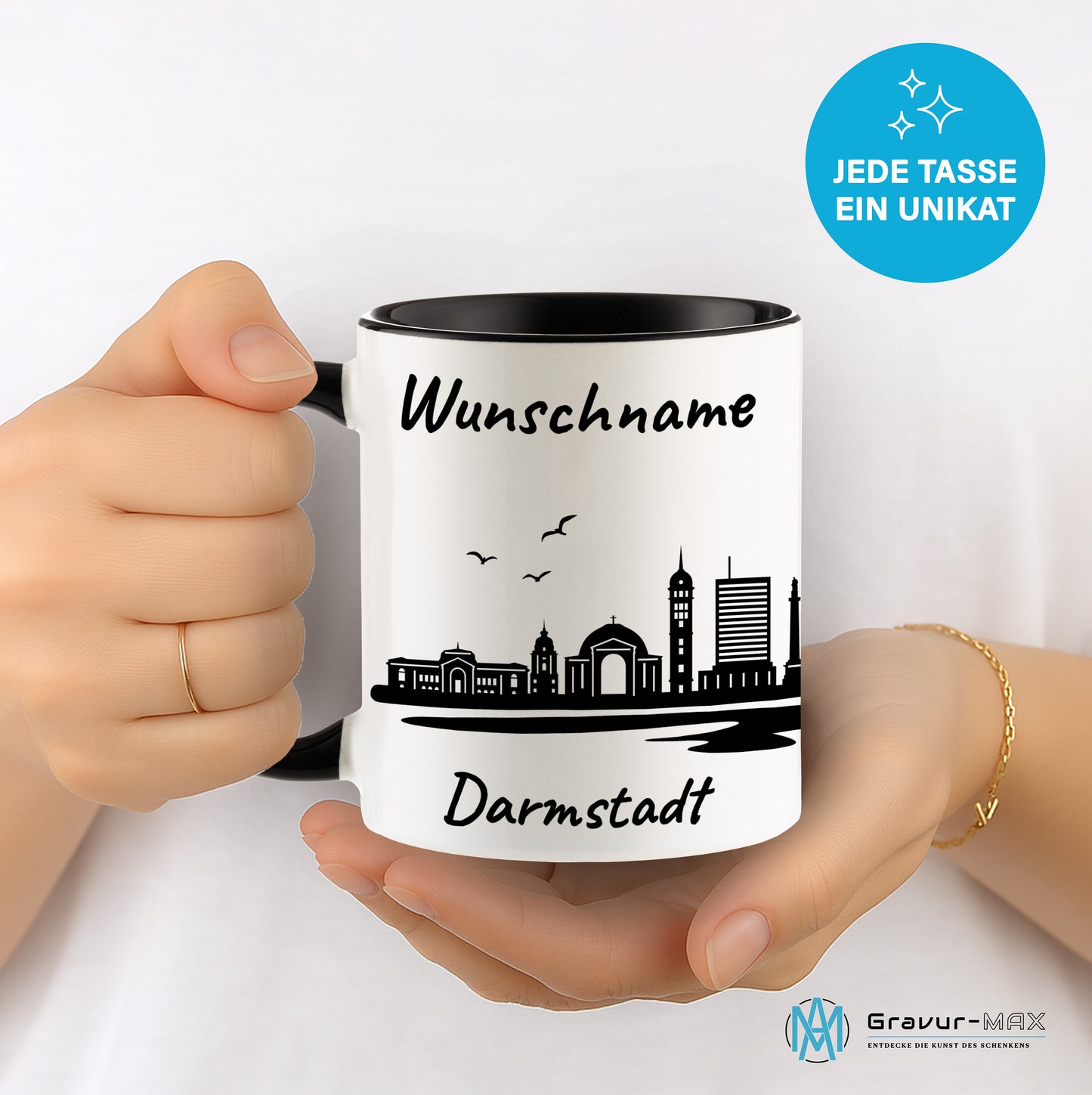 Tasse in Schwarz 330ml bedruckt mit der Skyline von Darmstadt personalisierbar mit Wunschname