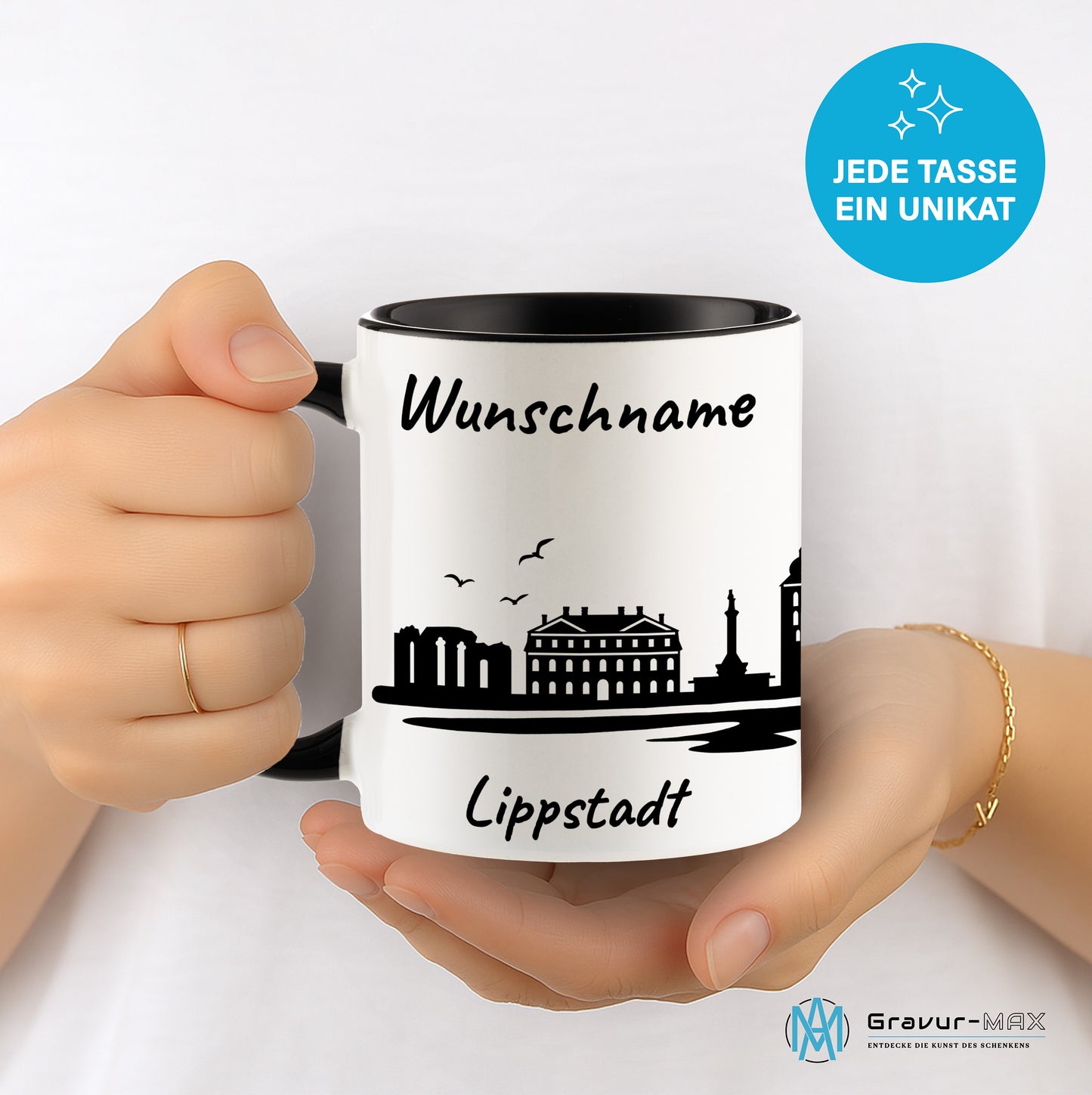 Tasse in Schwarz 330ml bedruckt mit der Skyline von Lippstadt personalisierbar mit Wunschname