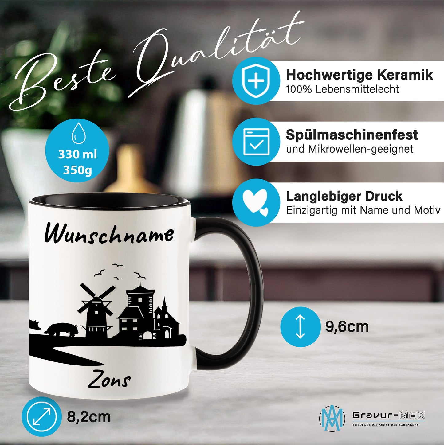 Tasse in Schwarz 330ml bedruckt mit der Skyline von Zons (Dormagen) personalisierbar mit Wunschname