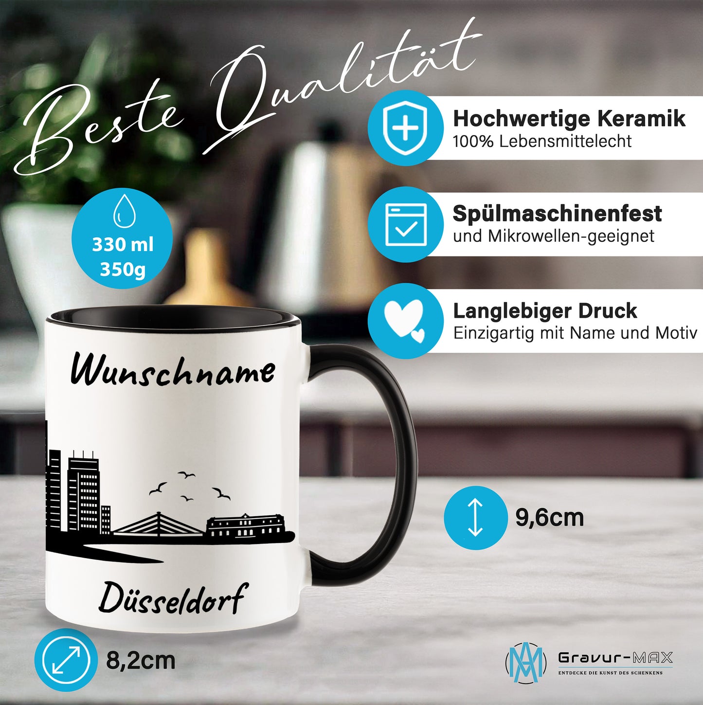 Tasse in Schwarz 330ml bedruckt mit der Skyline von Düsseldorf personalisierbar mit Wunschname