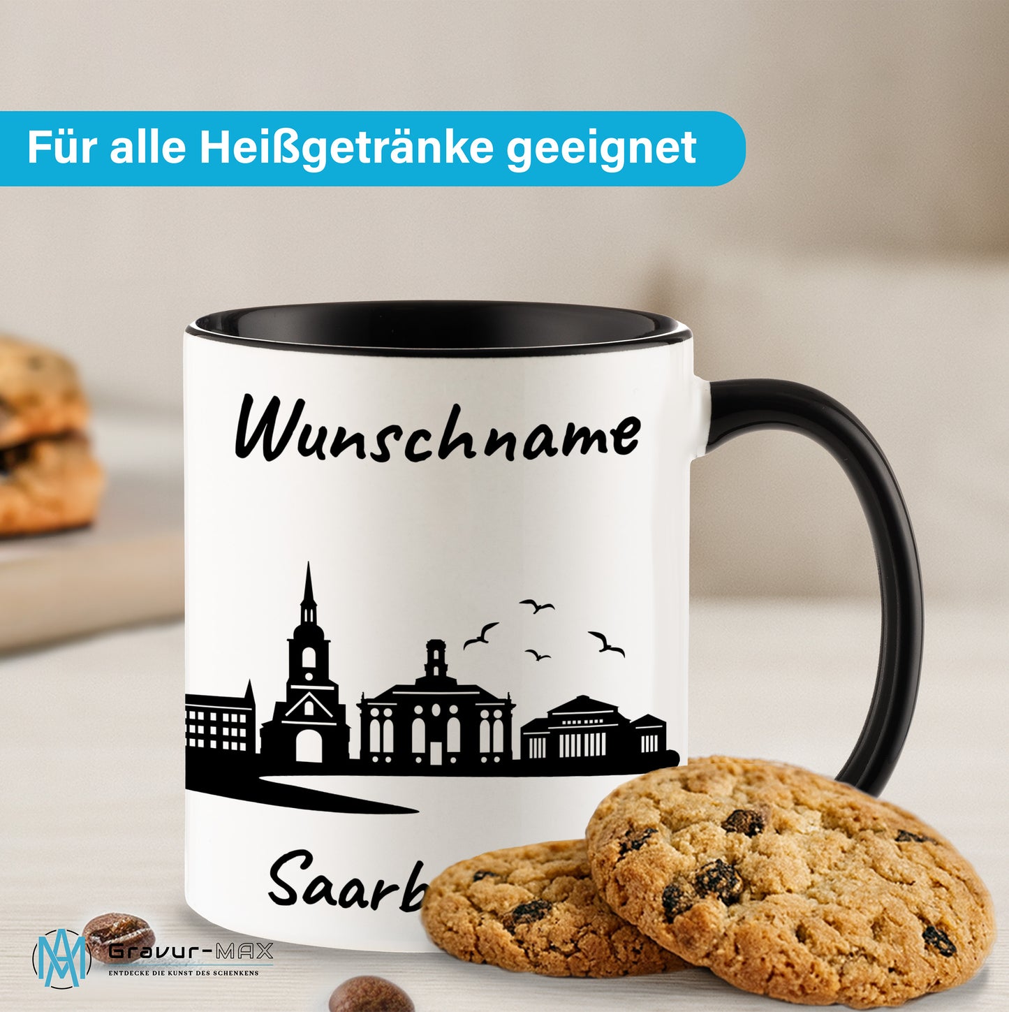 Tasse in Schwarz 330ml bedruckt mit der Skyline von Saarbrücken personalisierbar mit Wunschname