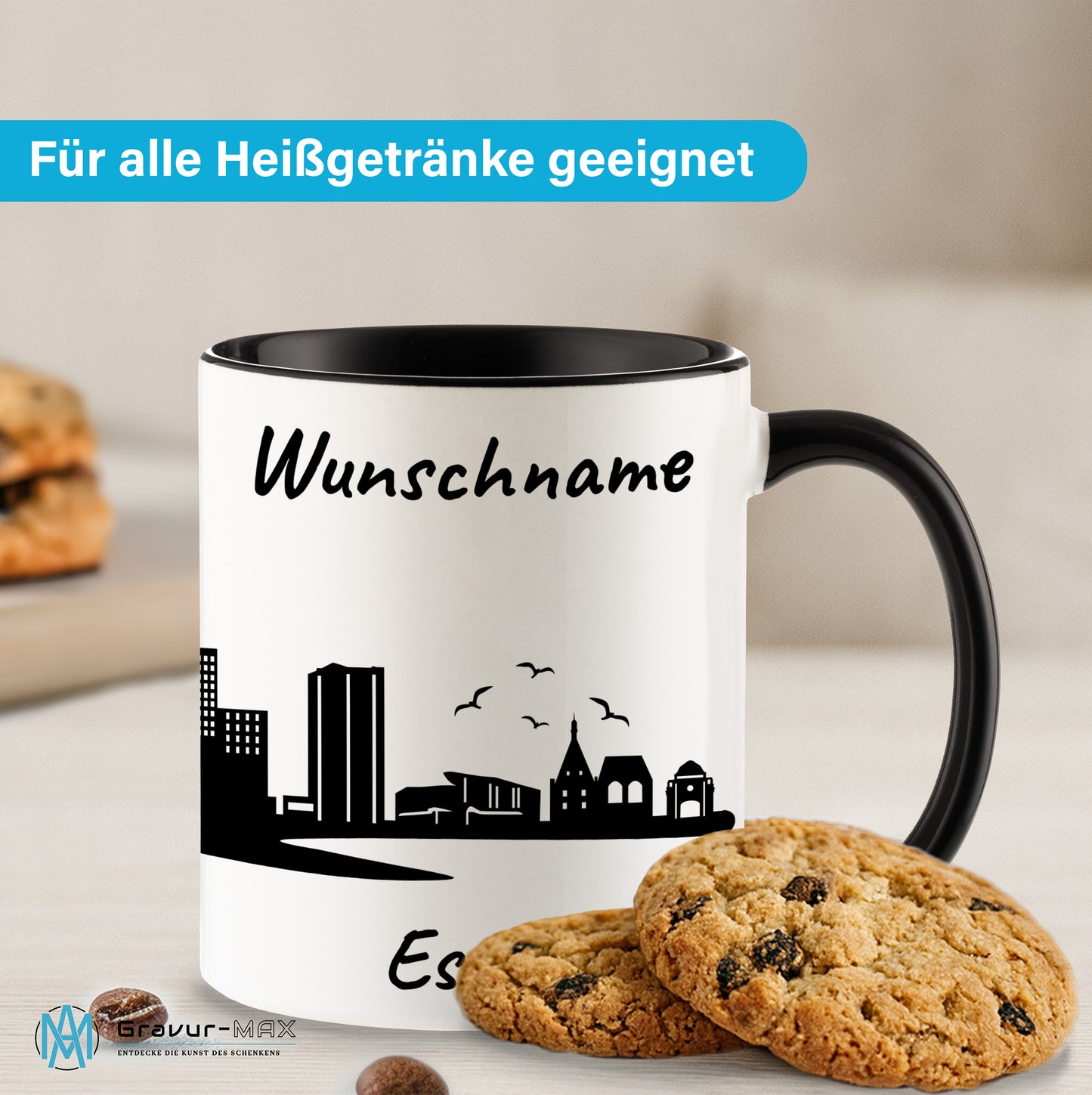 Tasse in Schwarz 330ml bedruckt mit der Skyline von Essen personalisierbar mit Wunschname