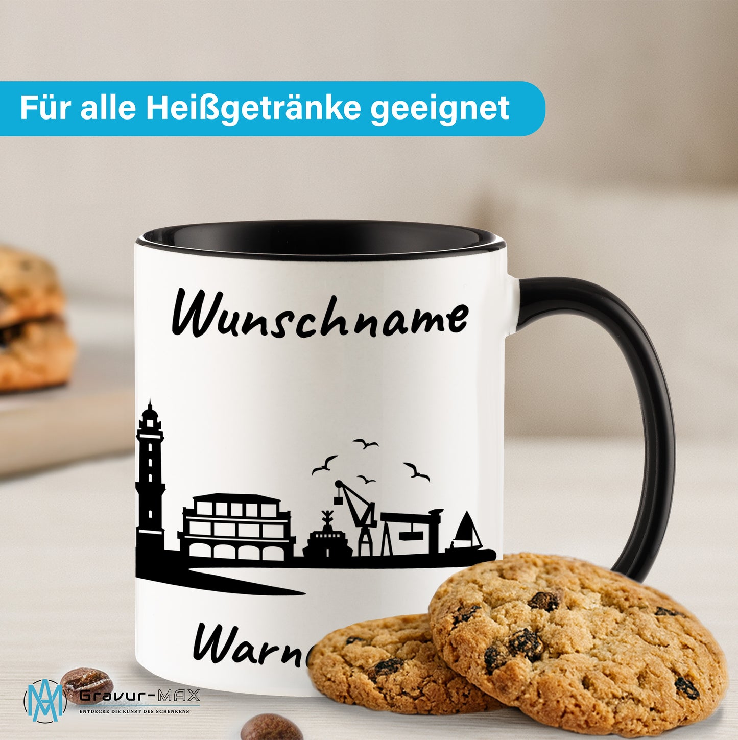 Tasse in Schwarz 330ml bedruckt mit der Skyline von Warnemünde personalisierbar mit Wunschname