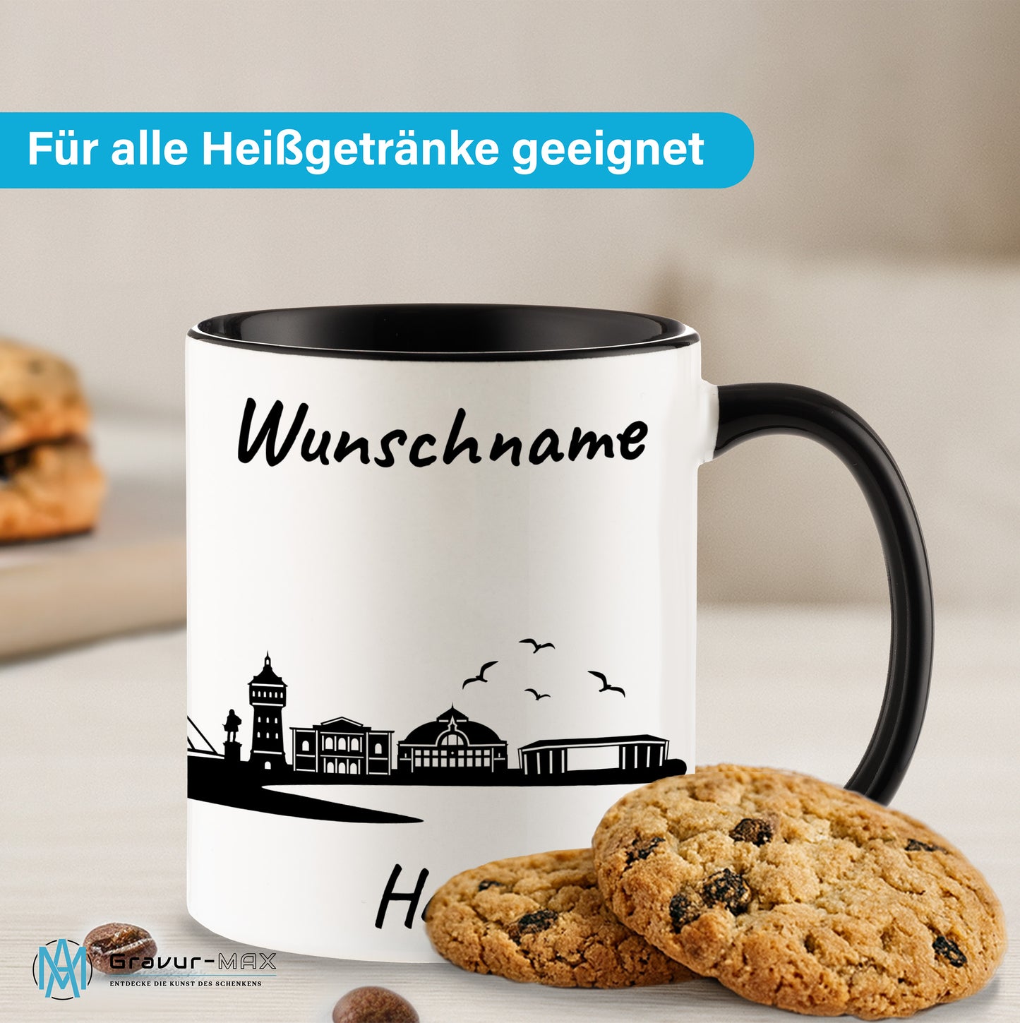 Tasse in Schwarz 330ml bedruckt mit der Skyline von Halle personalisierbar mit Wunschname