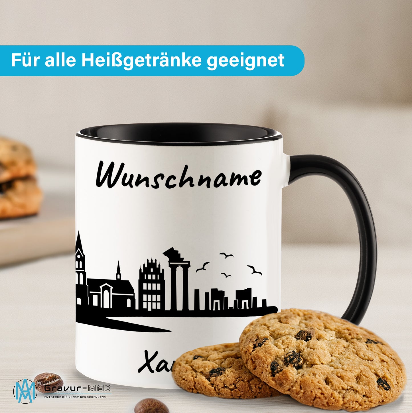 Tasse in Schwarz 330ml bedruckt mit der Skyline von Xanten personalisierbar mit Wunschname