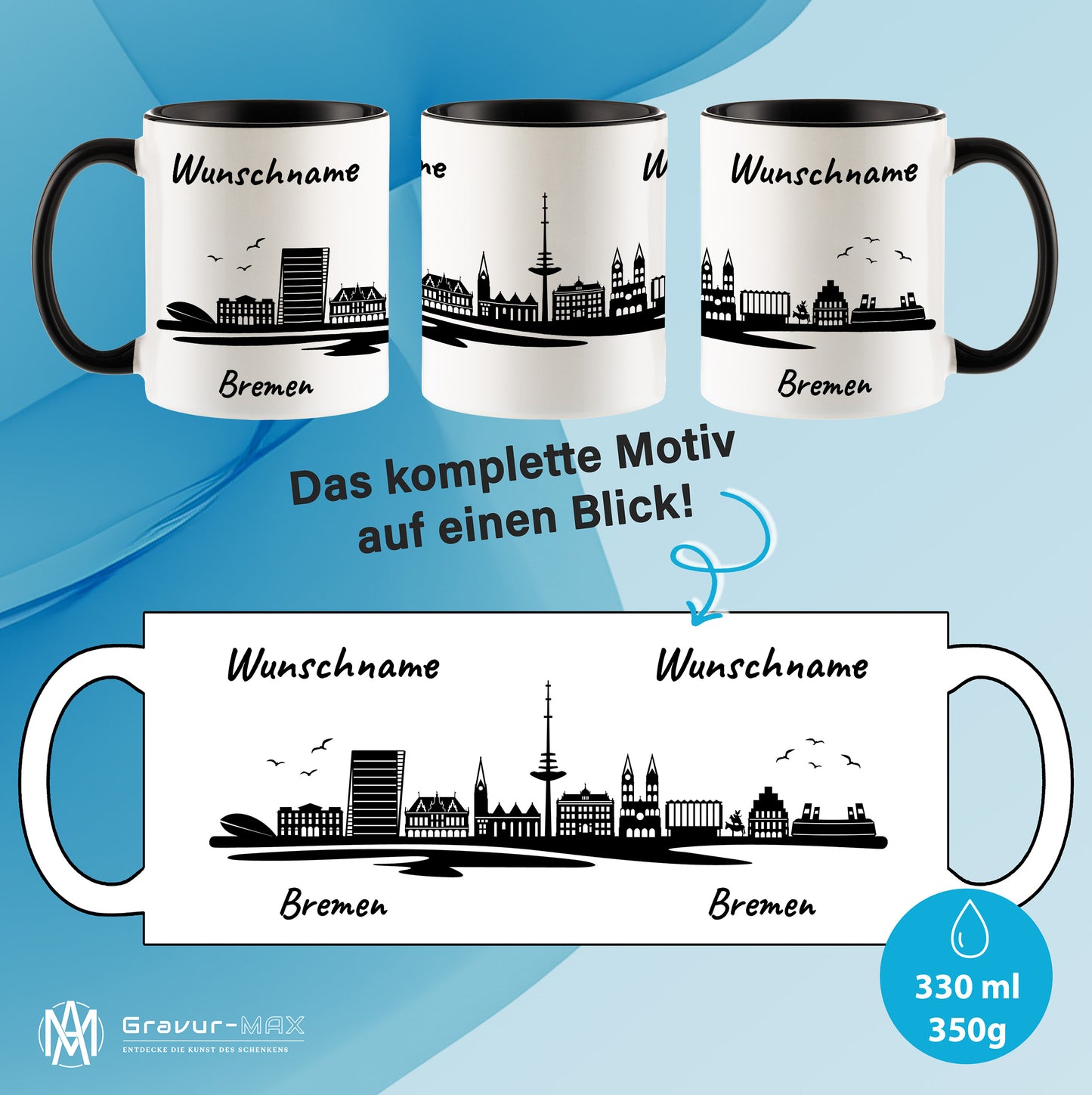Tasse in Schwarz 330ml bedruckt mit der Skyline von Bremen personalisierbar mit Wunschname