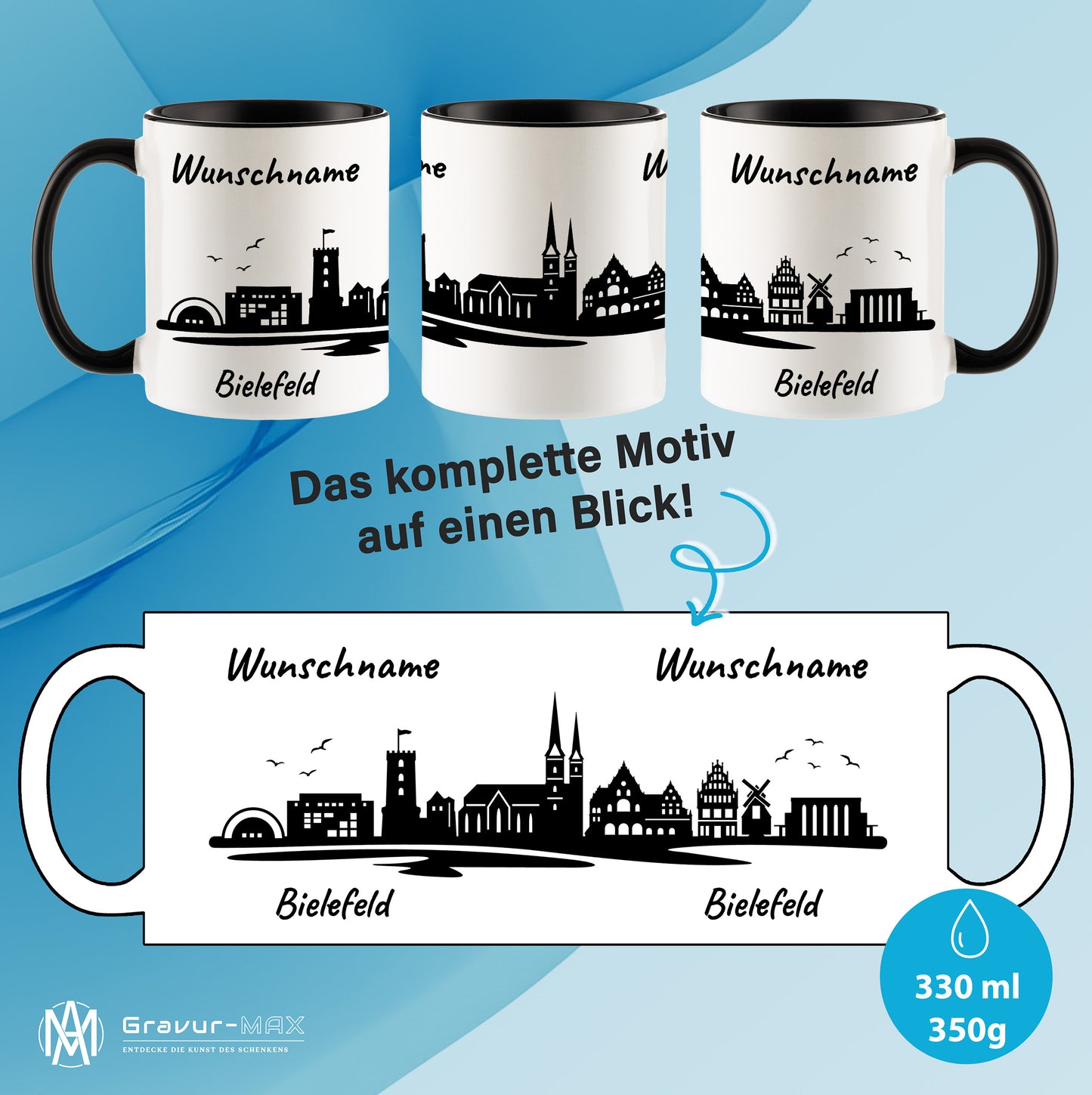 Tasse in Schwarz 330ml bedruckt mit der Skyline von Bielefeld personalisierbar mit Wunschname