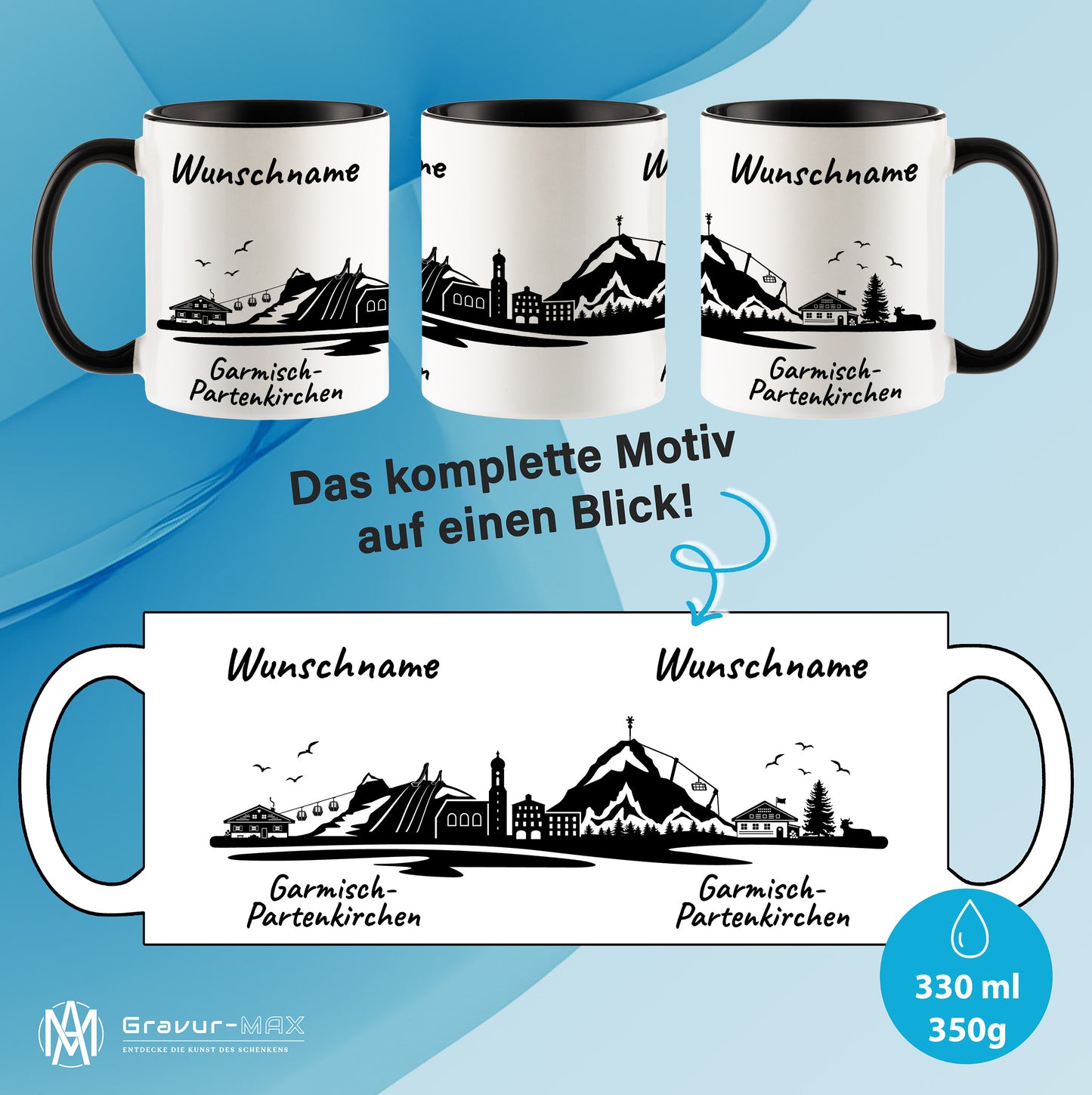 Tasse in Schwarz 330ml bedruckt mit der Skyline von Garmisch-Partenkirchen personalisierbar mit Wunschname