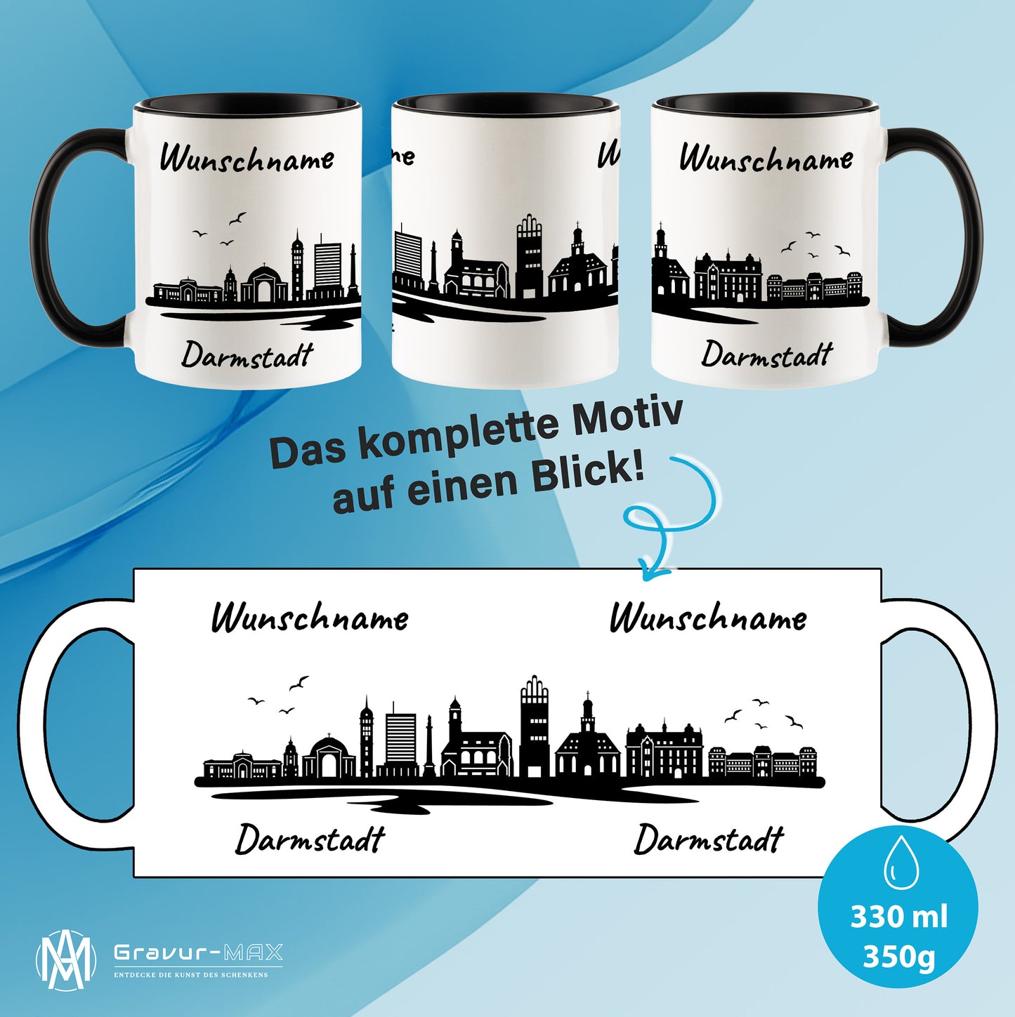 Tasse in Schwarz 330ml bedruckt mit der Skyline von Darmstadt personalisierbar mit Wunschname