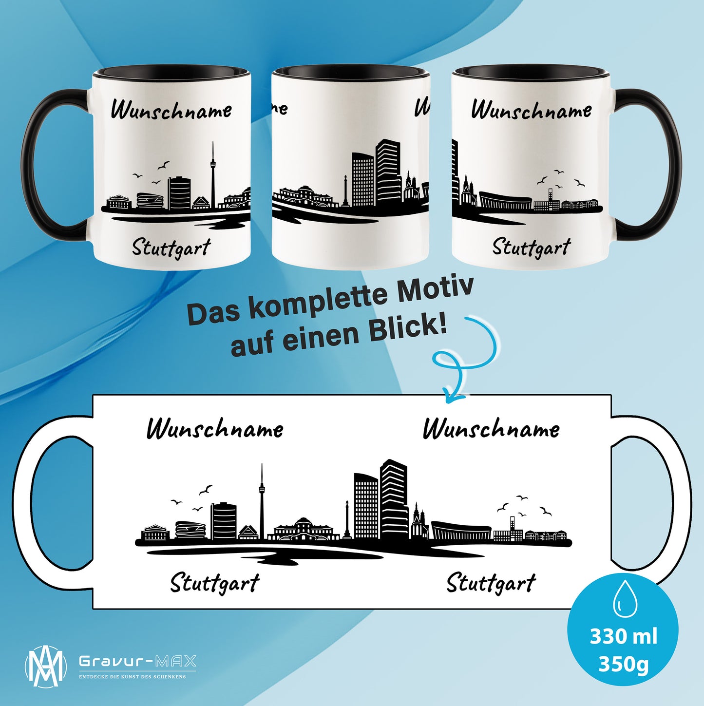 Tasse in Schwarz 330ml bedruckt mit der Skyline von Stuttgart personalisierbar mit Wunschname