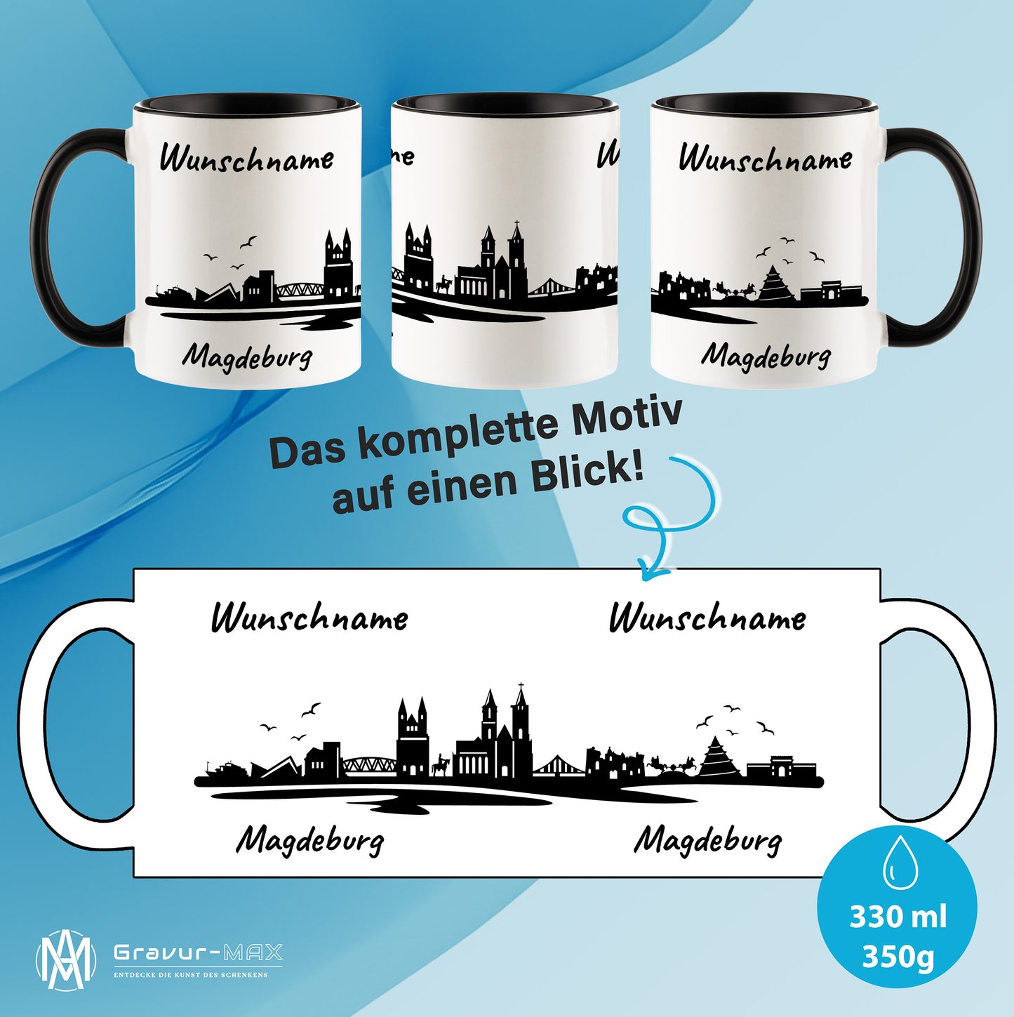 Tasse in Schwarz 330ml bedruckt mit der Skyline von Magdeburg personalisierbar mit Wunschname