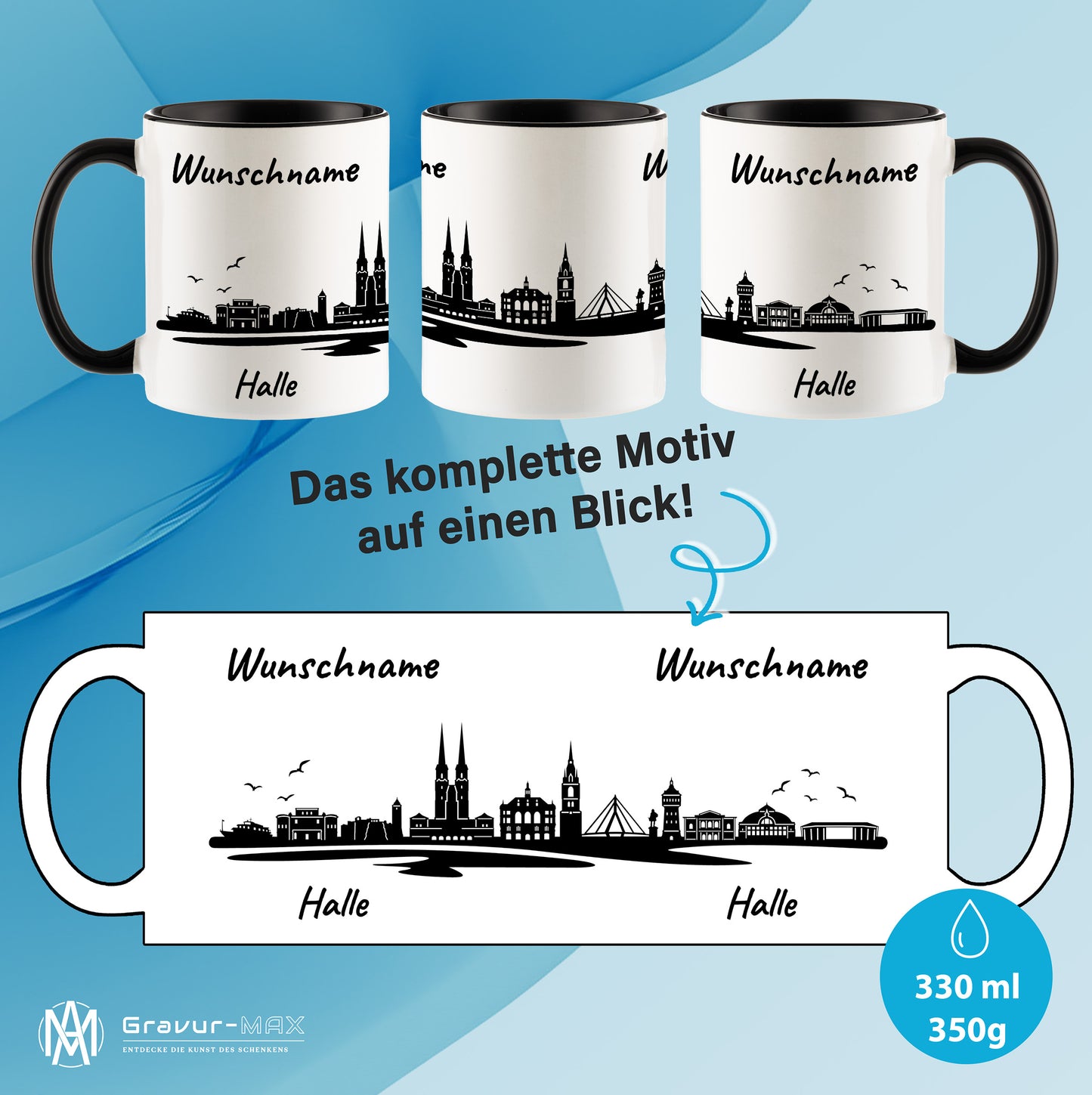 Tasse in Schwarz 330ml bedruckt mit der Skyline von Halle personalisierbar mit Wunschname