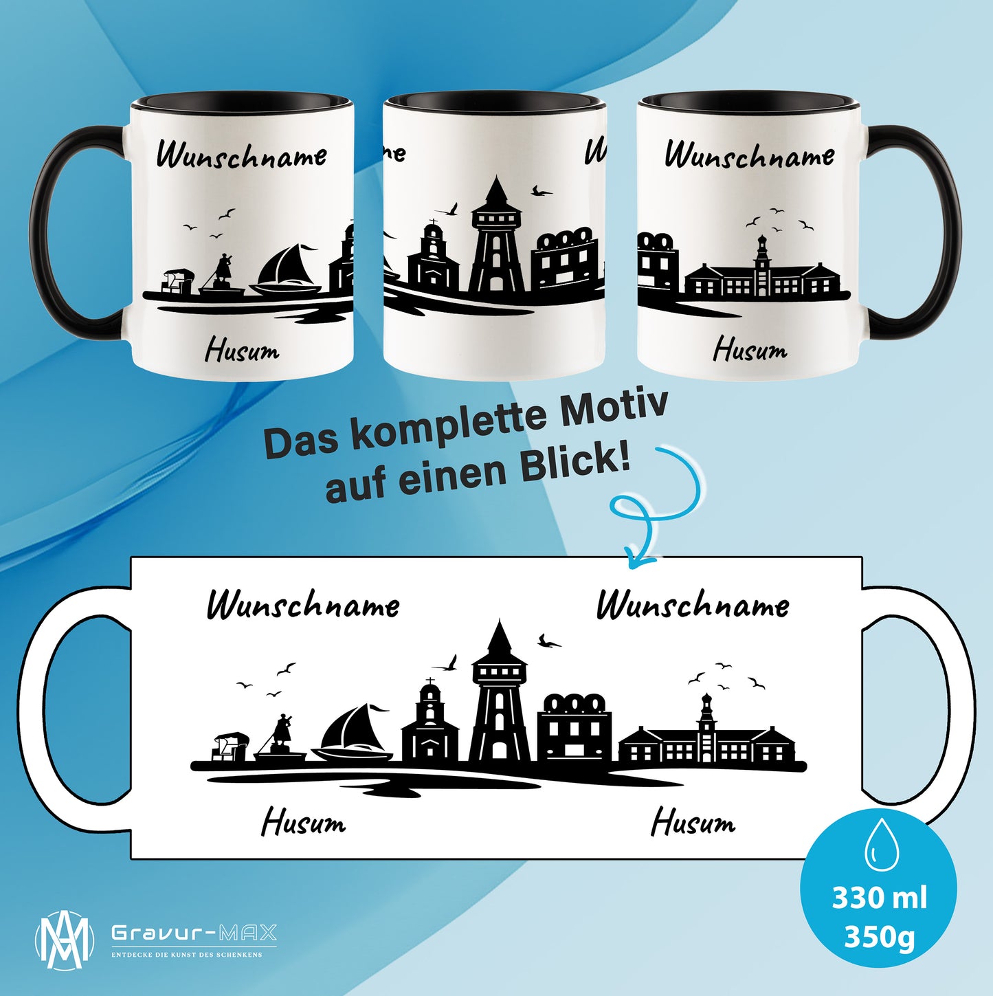 Tasse in Schwarz 330ml bedruckt mit der Skyline von Husum personalisierbar mit Wunschname