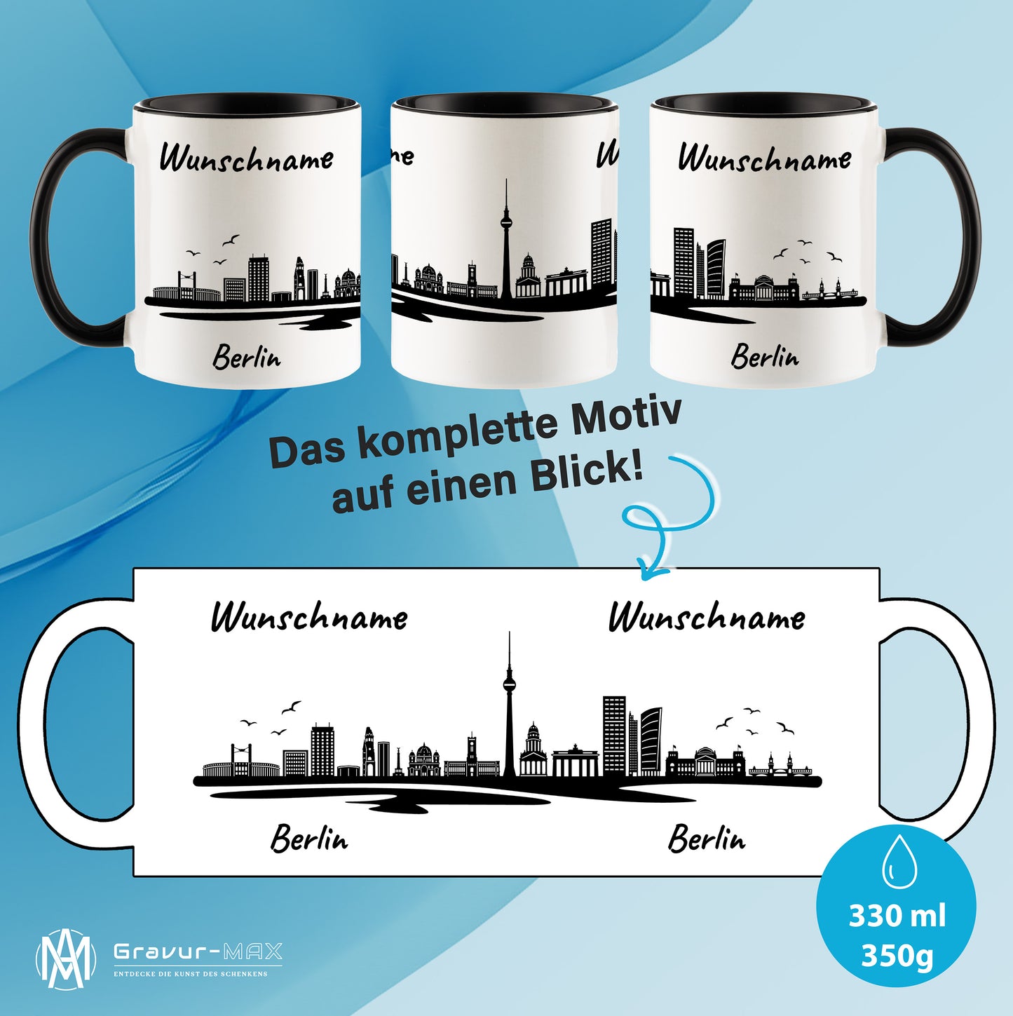 Tasse in Schwarz 330ml bedruckt mit der Skyline von Berlin personalisierbar mit Wunschname