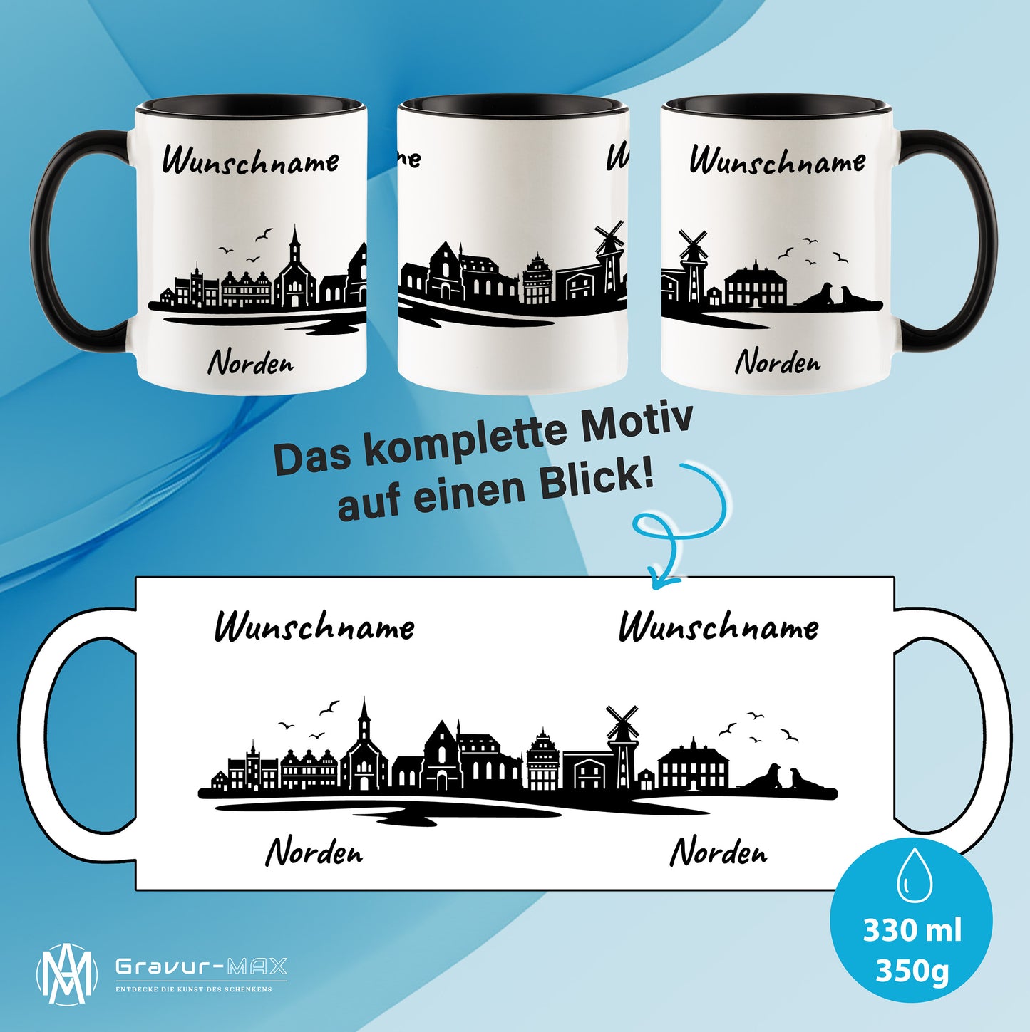 Tasse in Schwarz 330ml bedruckt mit der Skyline von Norden personalisierbar mit Wunschname