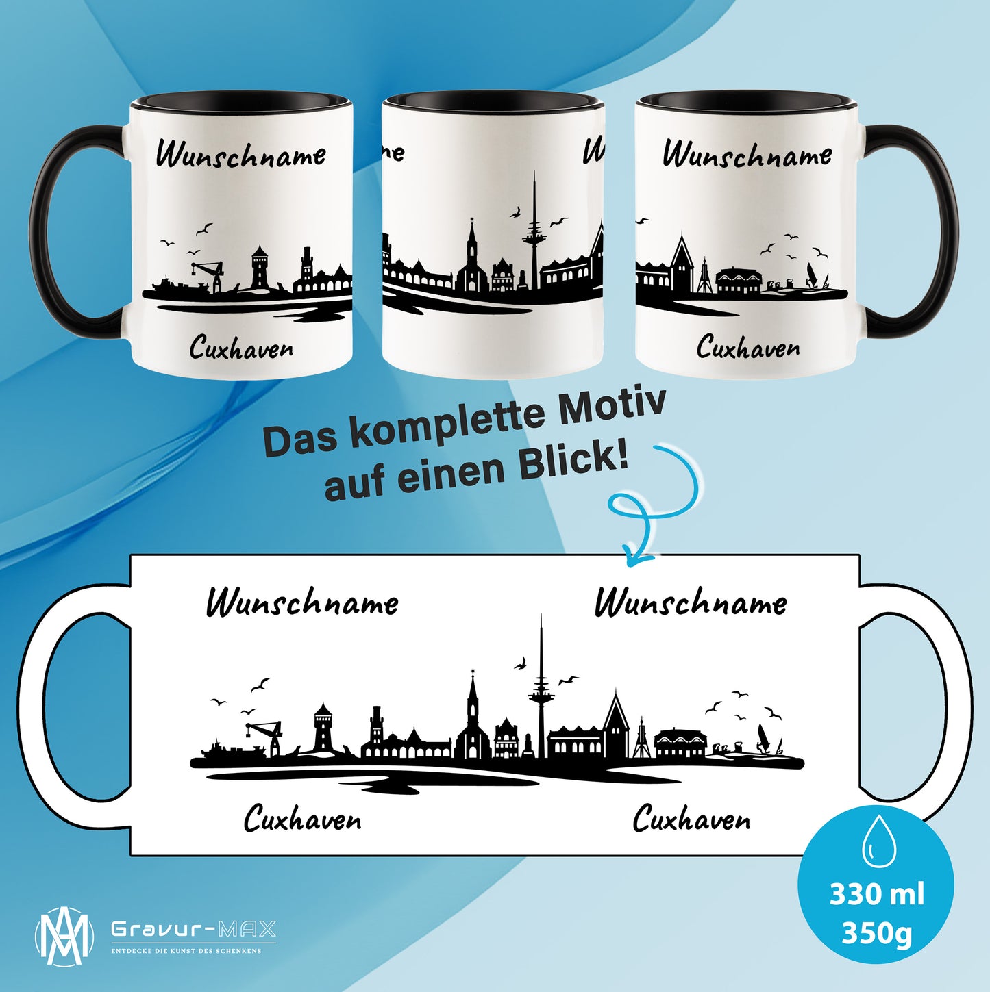 Tasse in Schwarz 330ml bedruckt mit der Skyline von Cuxhaven personalisierbar mit Wunschname