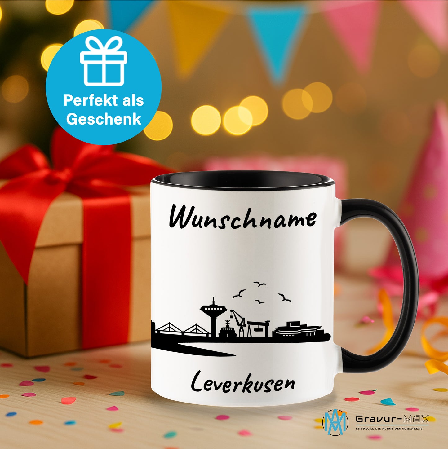 Tasse in Schwarz 330ml bedruckt mit der Skyline von Leverkusen personalisierbar mit Wunschname
